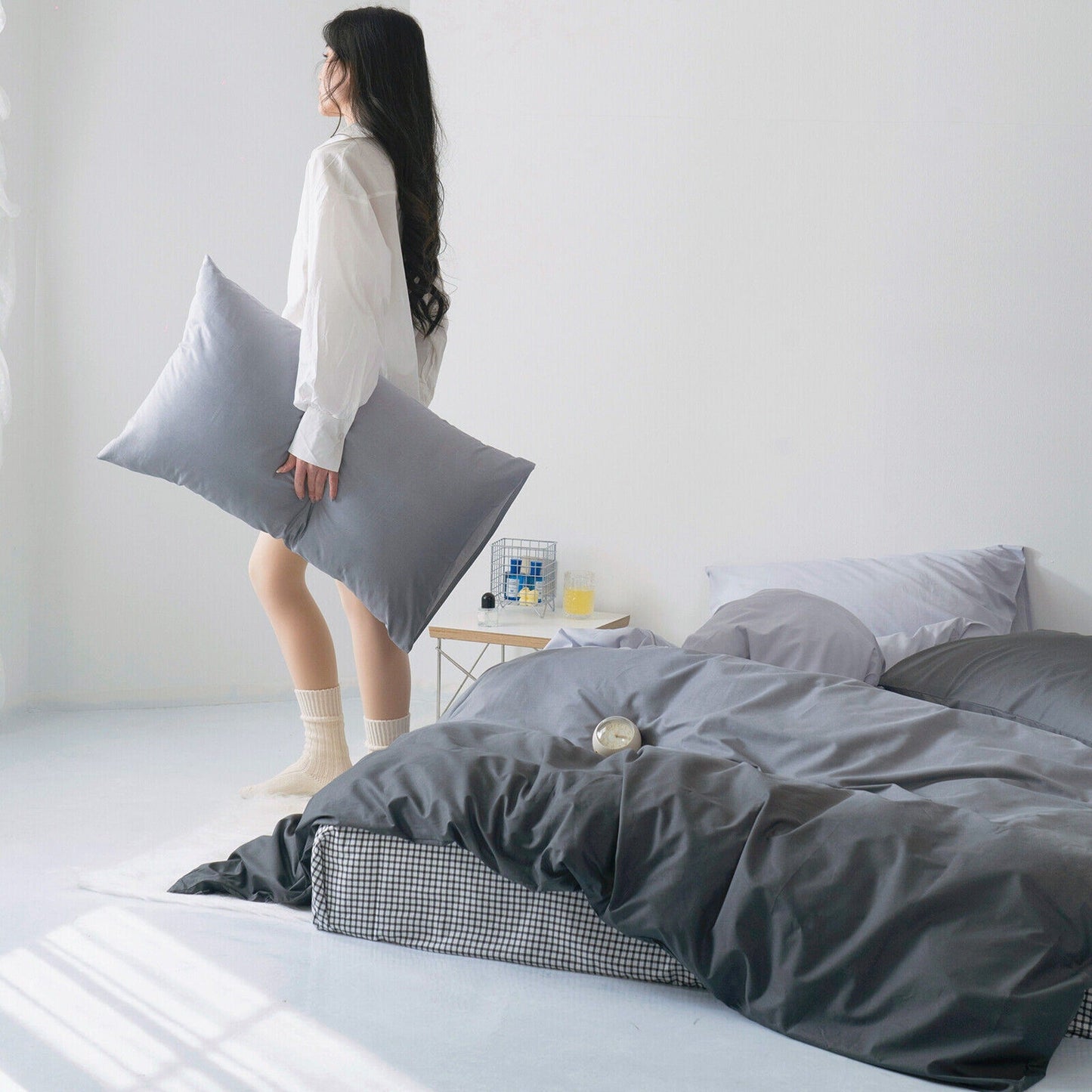 Gradient Grey Quilt Duvet Cover Set Bedding for Queen King Size