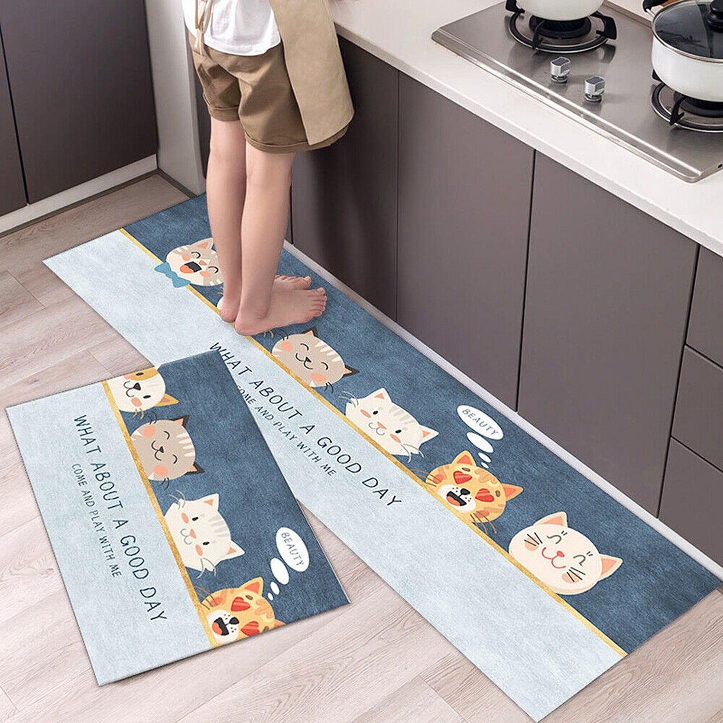 Lovely Cat Head Machine Washable Non-Slip Kitchen Door Mat
