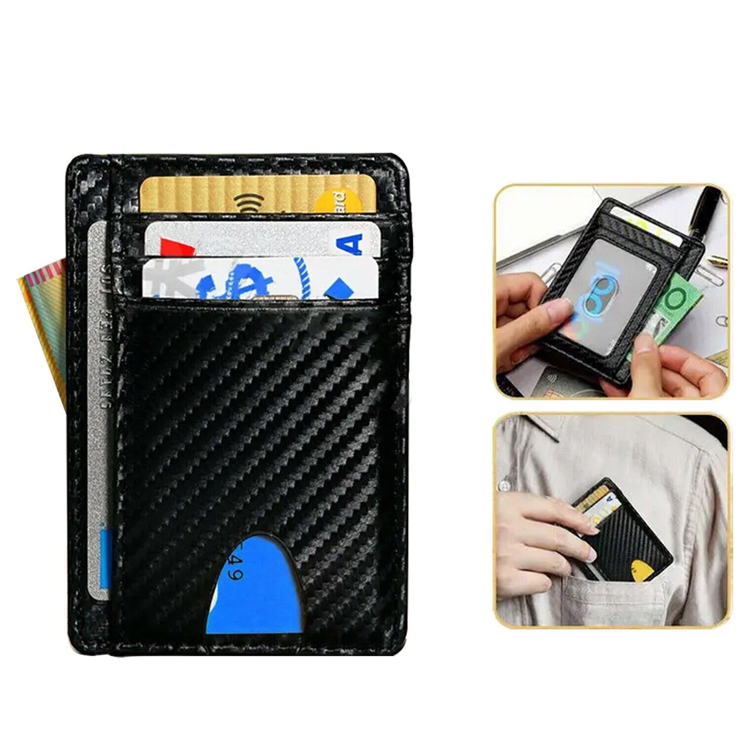 Slim RFID Blocking Carbon Fiber Wallet Minimalist Card Holder Leather Case