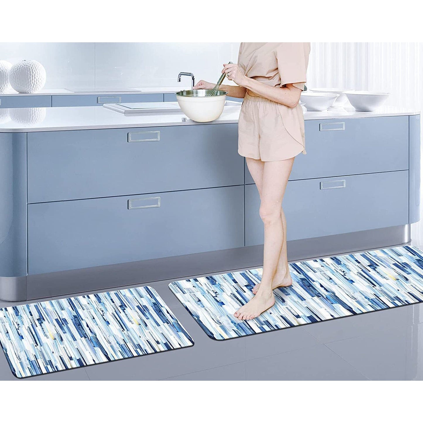 Blue Stripe Pattern Comfort Kitchen Mat Set with Rubber Back
