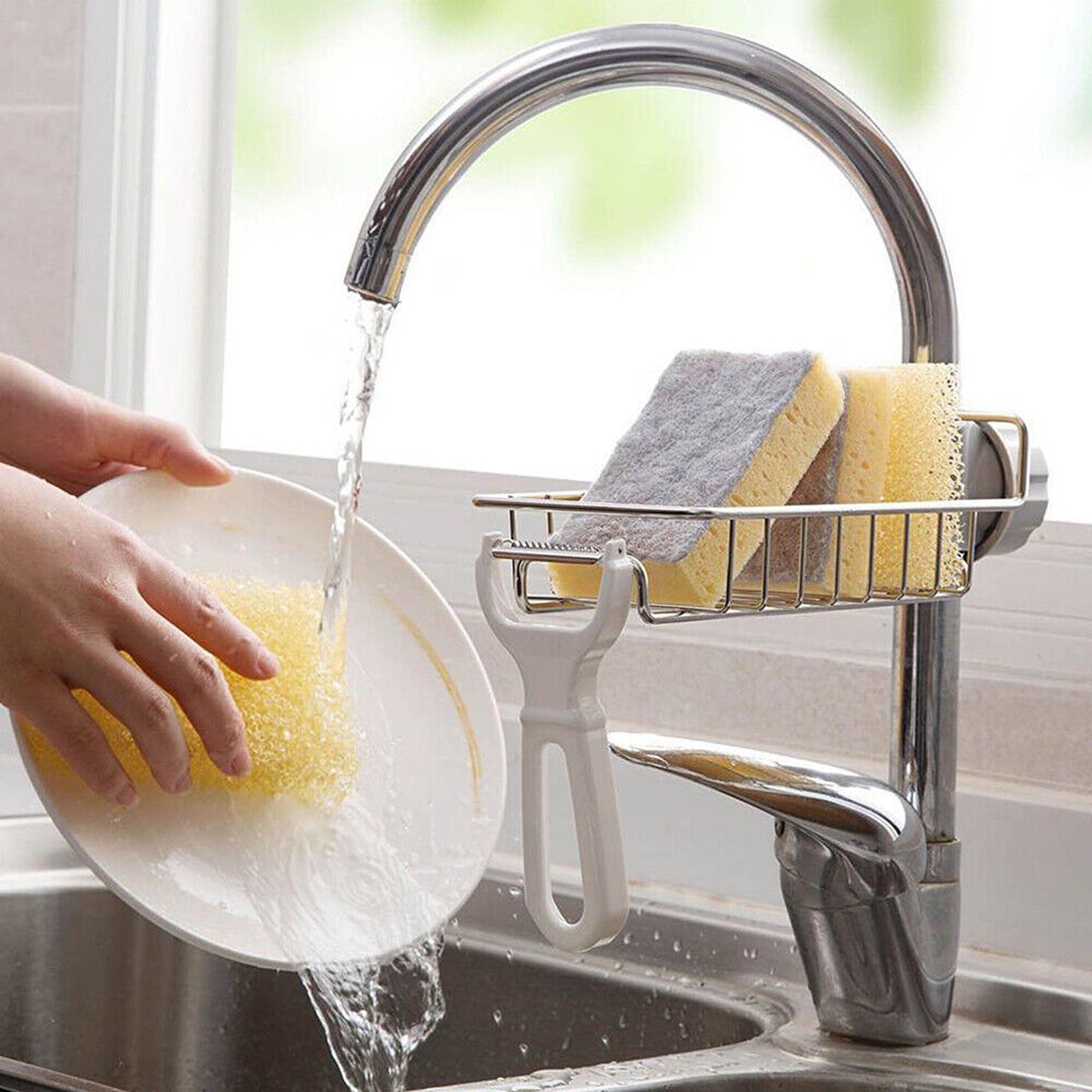 Sponge Holder for Kitchen Sink Faucet Shelf with Cloth Rack Organizer
