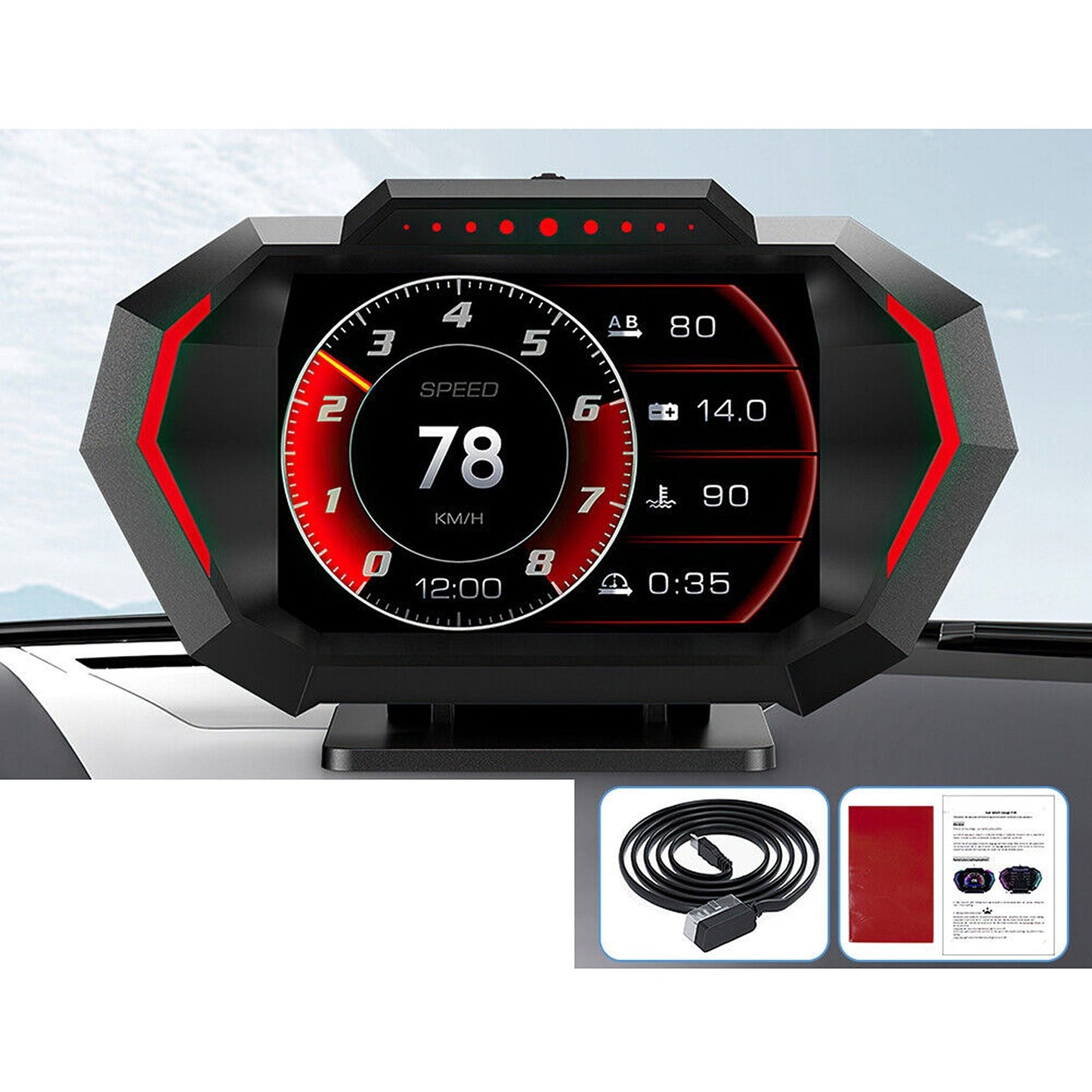 Digital Car HUD OBD2 and GPS Gauge with Speedometer Turbo RPM and Temp Alarms
