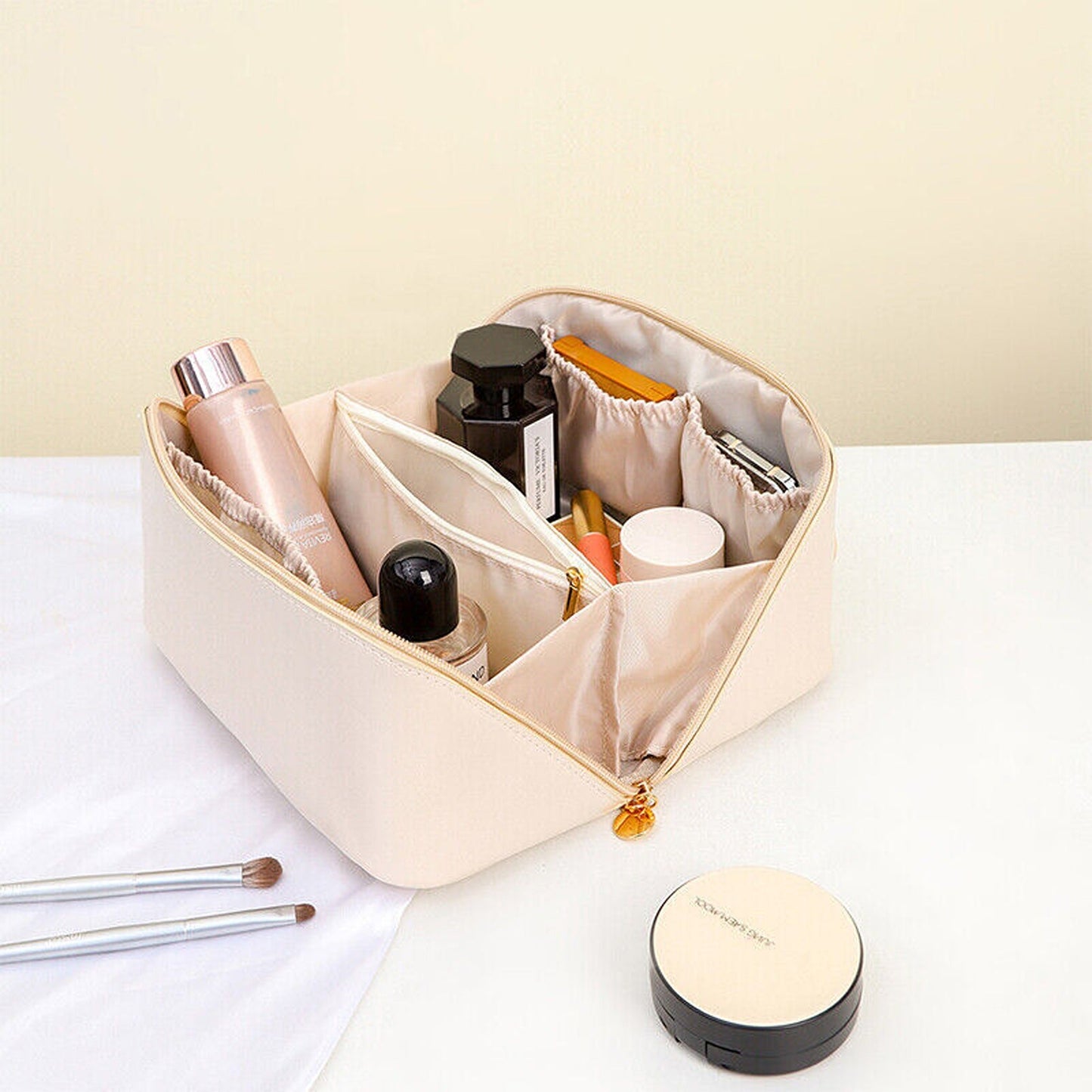 Large Travel Cosmetic Makeup Bag with Organizers and Brush Slots