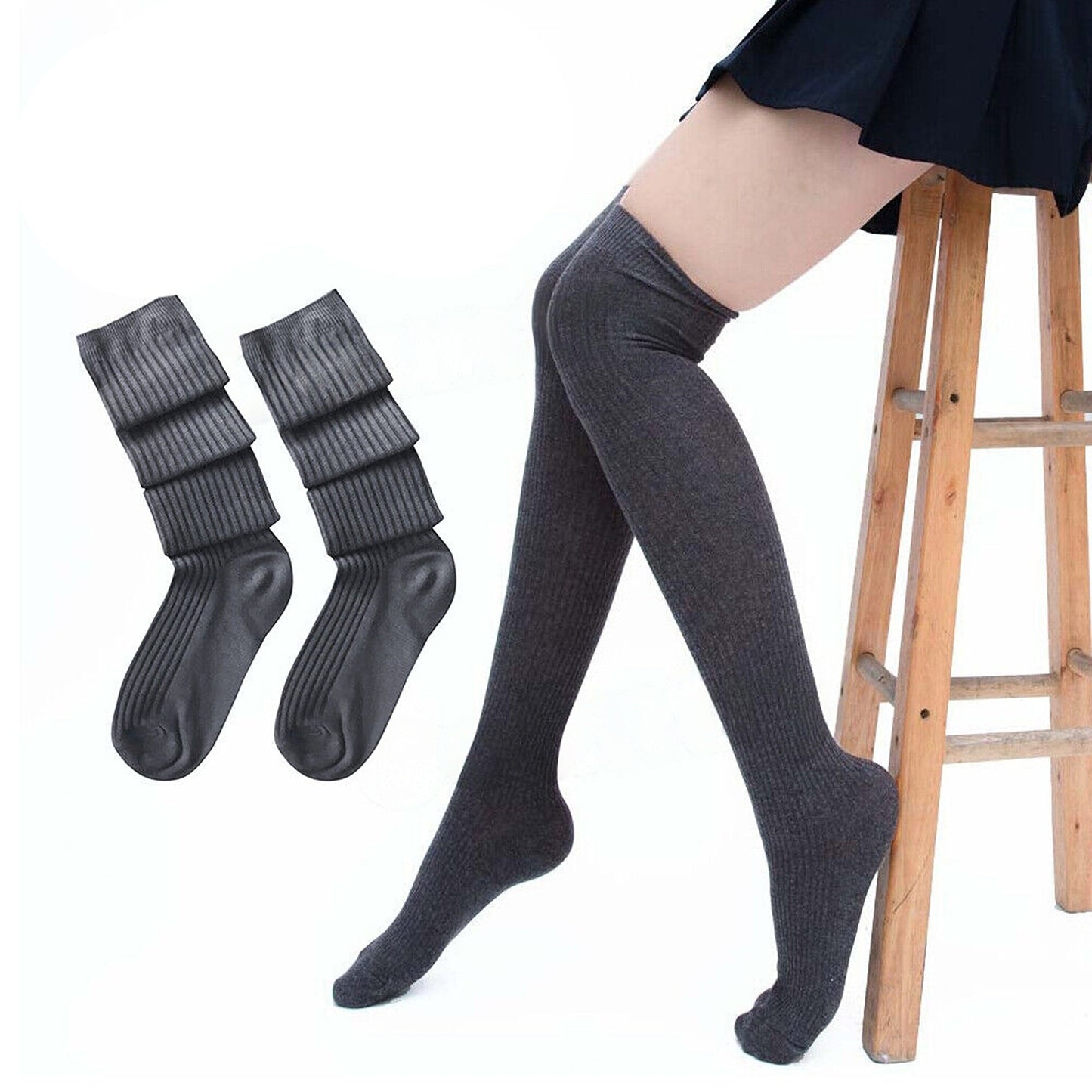 Women Thigh High Socks Solid Color Over Knee Long Cable Knit