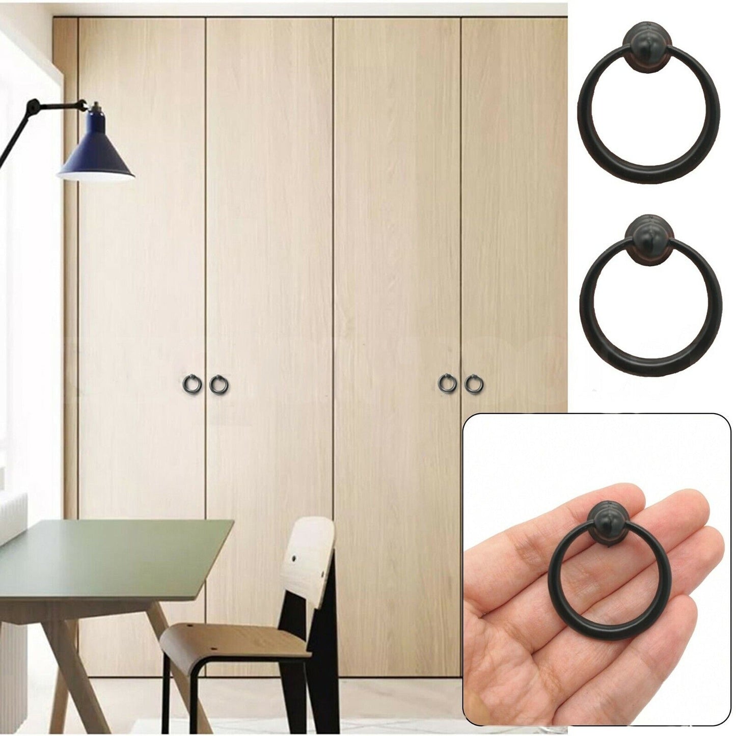 Zinc Alloy Black Ring Pull Handle for Drawer Cabinet Knob Dresser