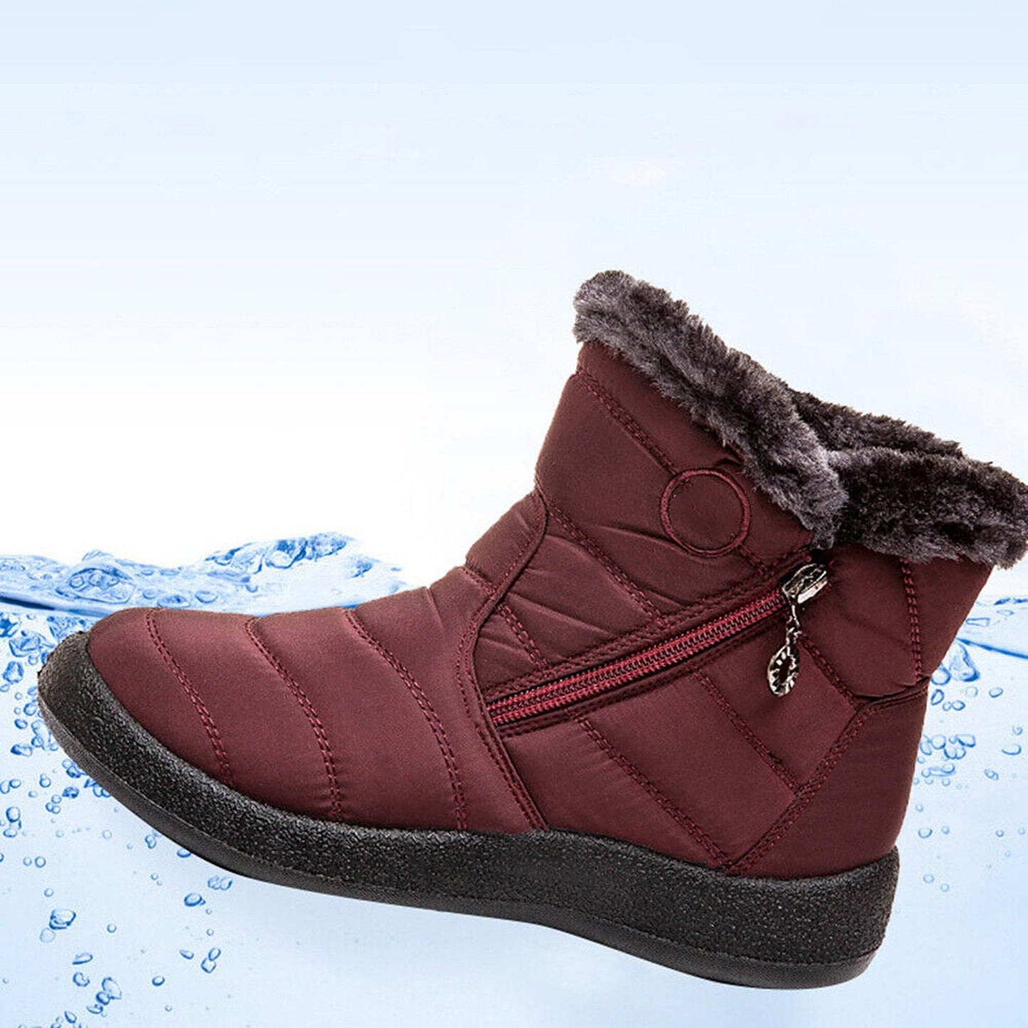 Red Women Red Fur Lined Snow Ankle Boots Winter Warm Waterproof Flat Shoes