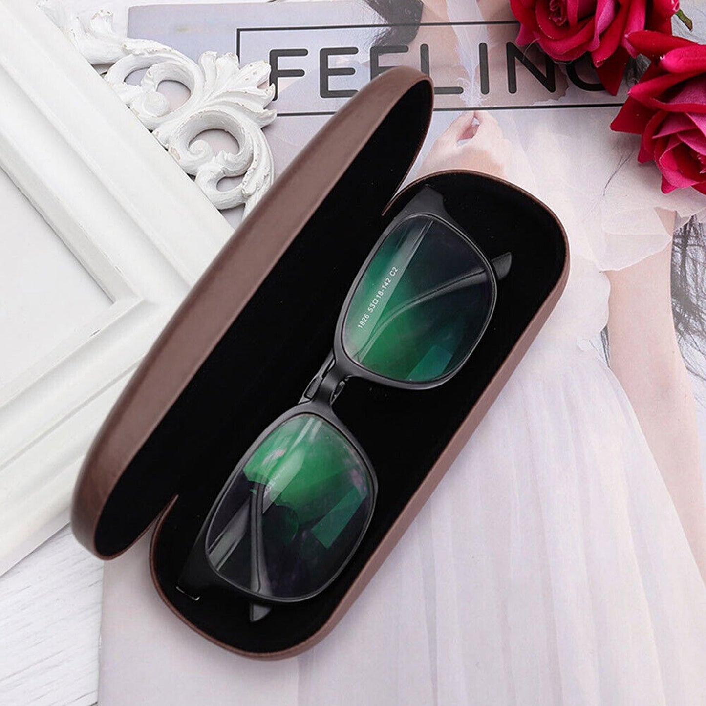 Eyeglass Case in Wood Grain with Hard Metal Structure PU Leather
