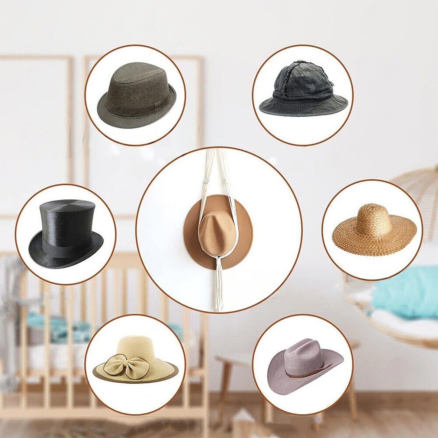 Boho Style Macrame Hat Display Rack Rope Hanger for 1 to 3 Hats