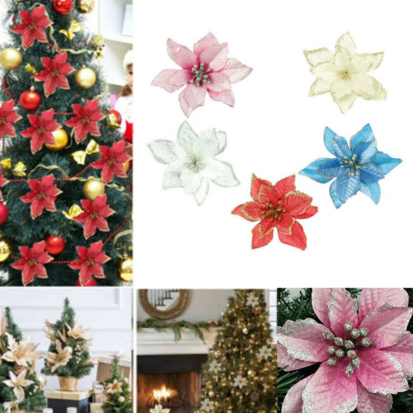 White Glitter Poinsettia Christmas Tree and Wreath Decorations