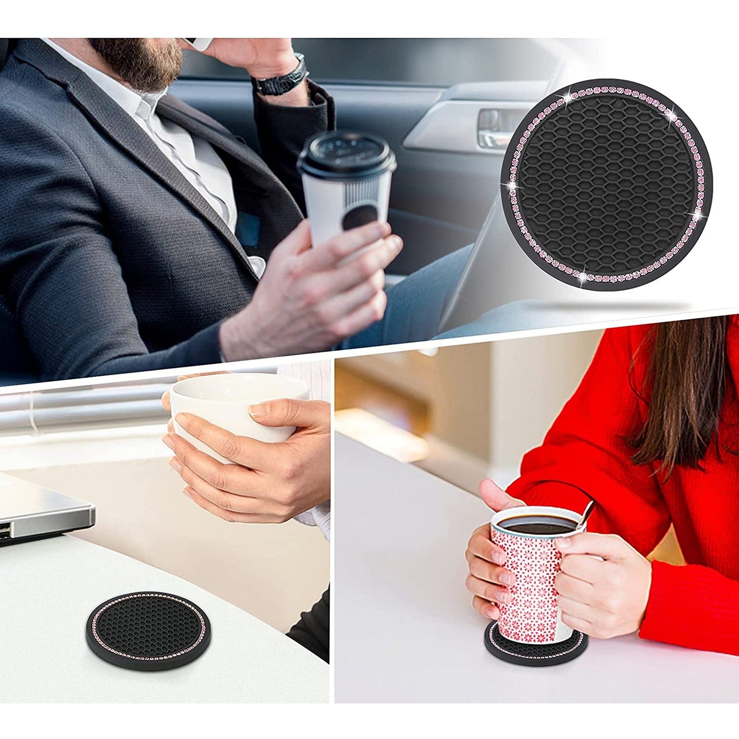 2pcs Anti-Slip Black Car Coasters Bling Cup Holder Inserts