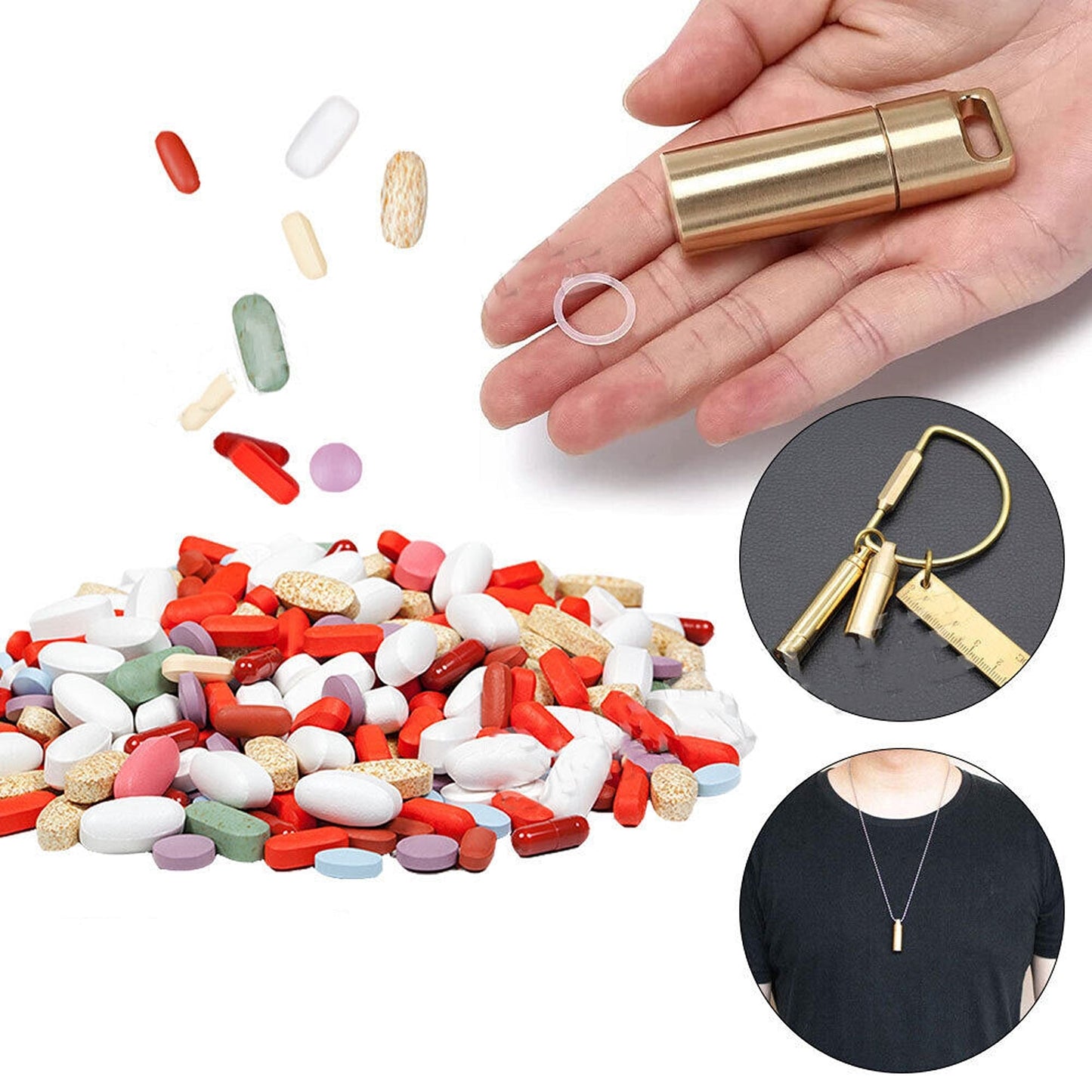 Brass Pill Container with Waterproof Case Keyring Holder