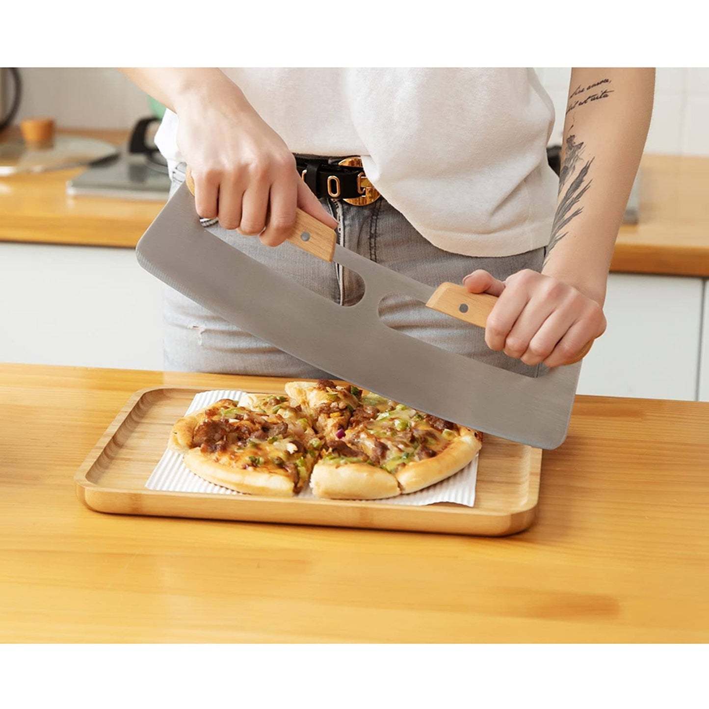 Protective Rocker Blade Slicer for Pizza Stainless Steel with Cover