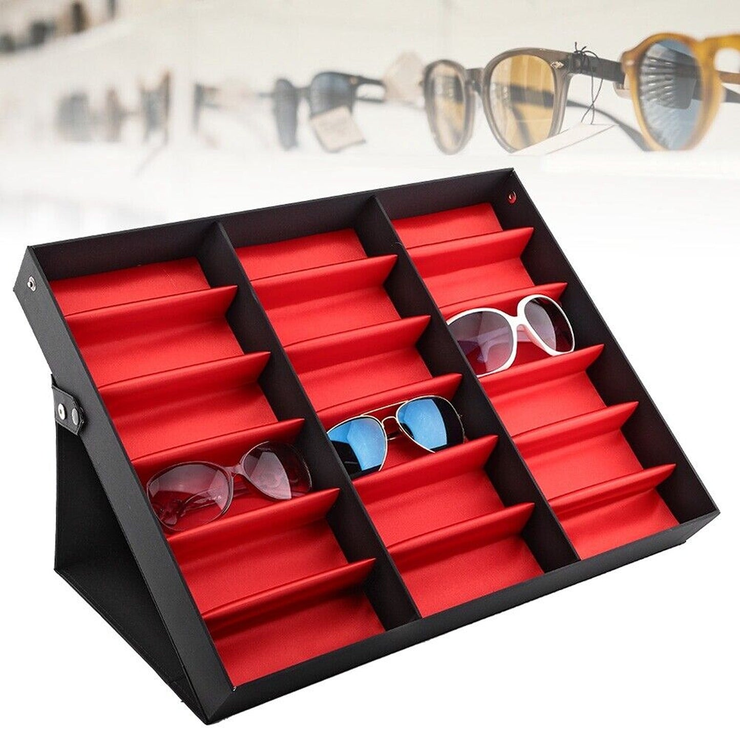 Eyewear Retail Display Case with 18 Grids and Cover Sunglasses Storage Box