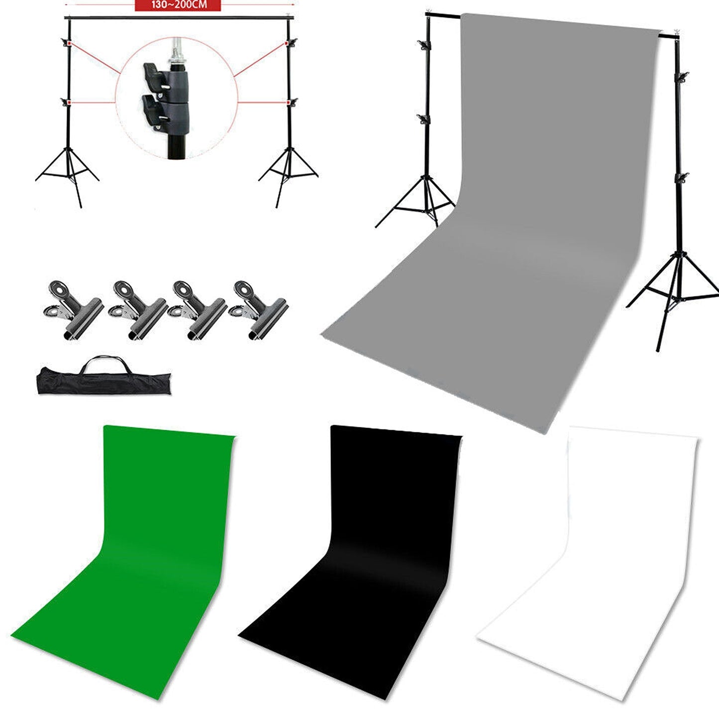 Studio Support Kit with Grey Green White and Black Photo Backdrops
