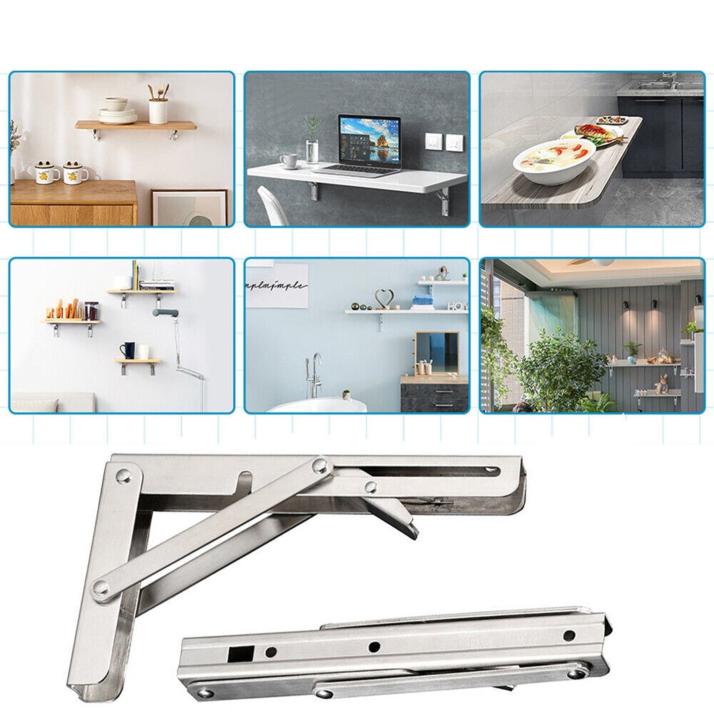 Heavy Duty Folding Shelf Bracket Stainless Steel Load 150kg - 2 Pack