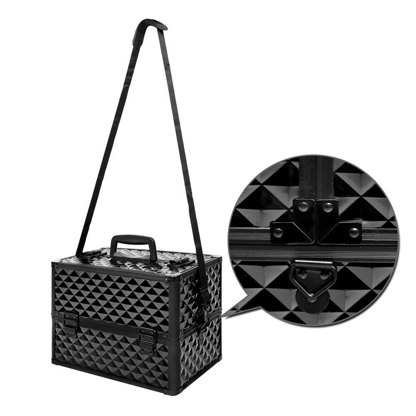 Portable Diamond Pattern Beauty Makeup Cosmetic Case with Carry Strap