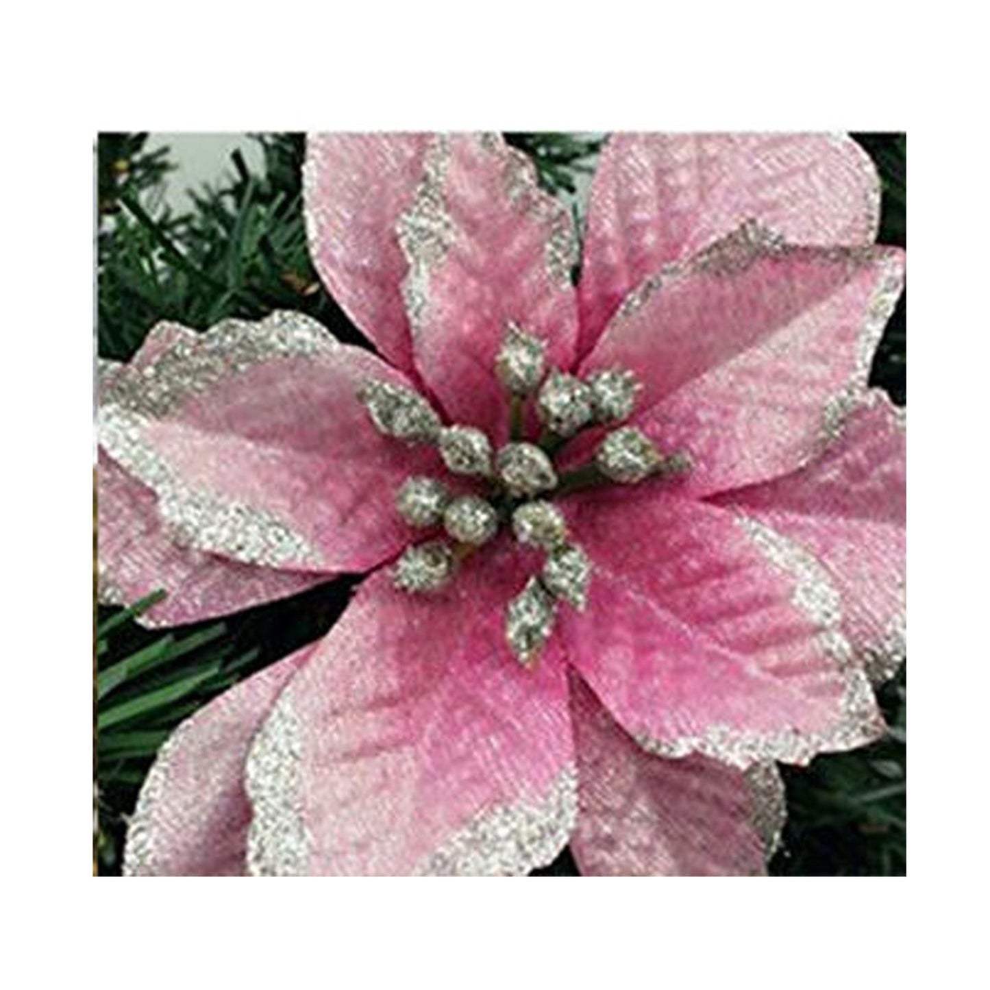 Pink Glitter Poinsettia Xmas Tree and Wreath Decorations
