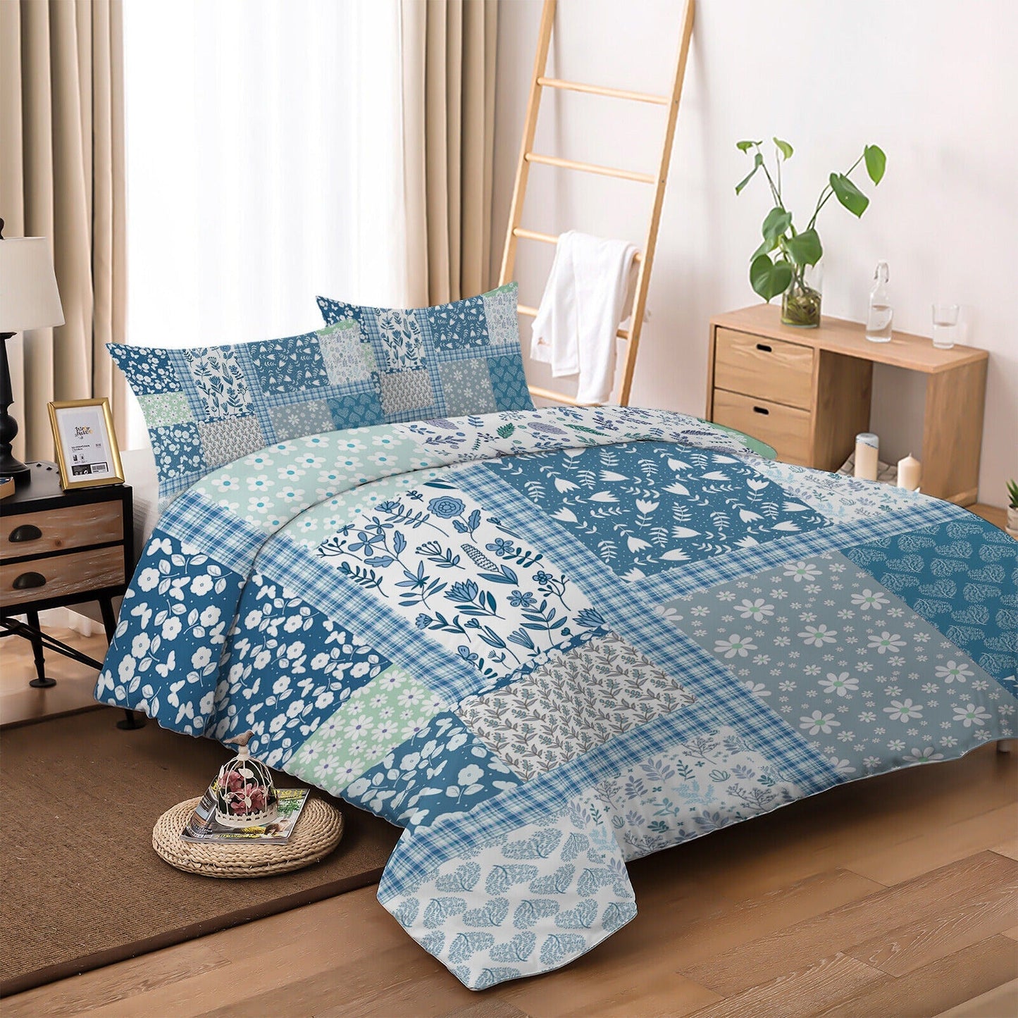 Blue Patchwork Bedding Set Soft Quilt Duvet Cover for Queen King Bed