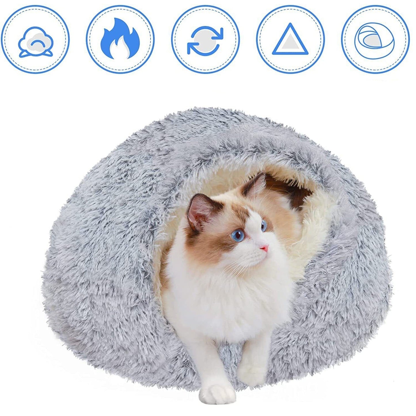 Cuddle Soft Warm Plush Pet Cat Bed Calming Igloo Tent House Grey