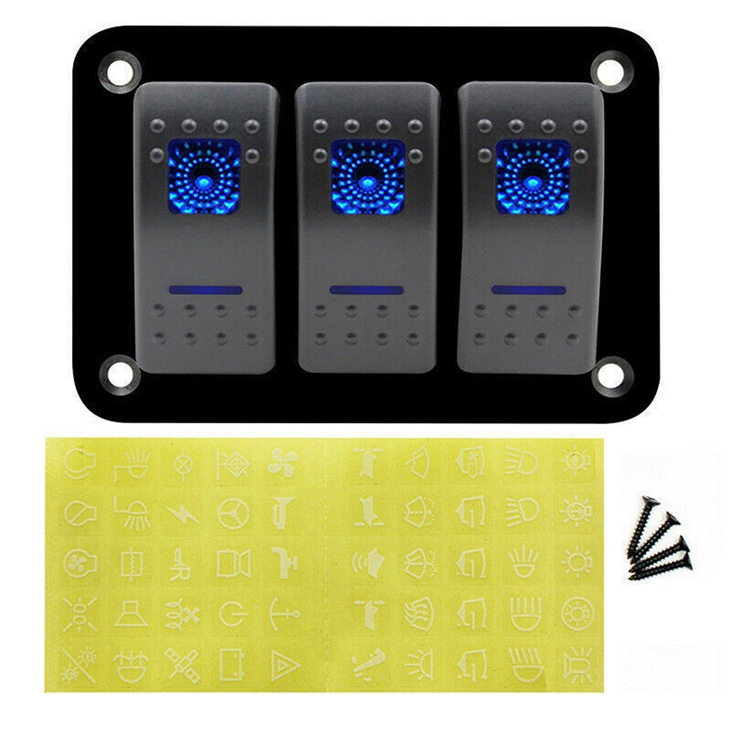 3 Gang Blue LED Rocker Switch Panel with Dual USB for Car Boat and RV