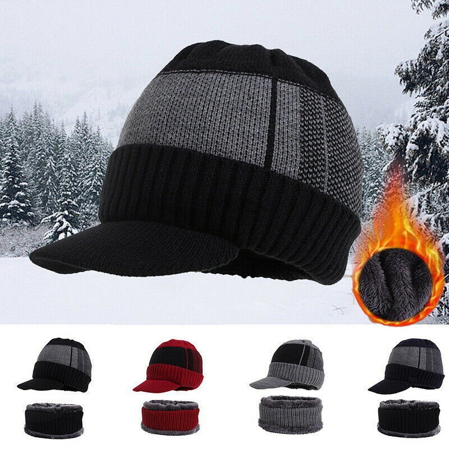 Men Fleece Lined Winter Beanie and Scarf Set Fashion Warm Ski Cap