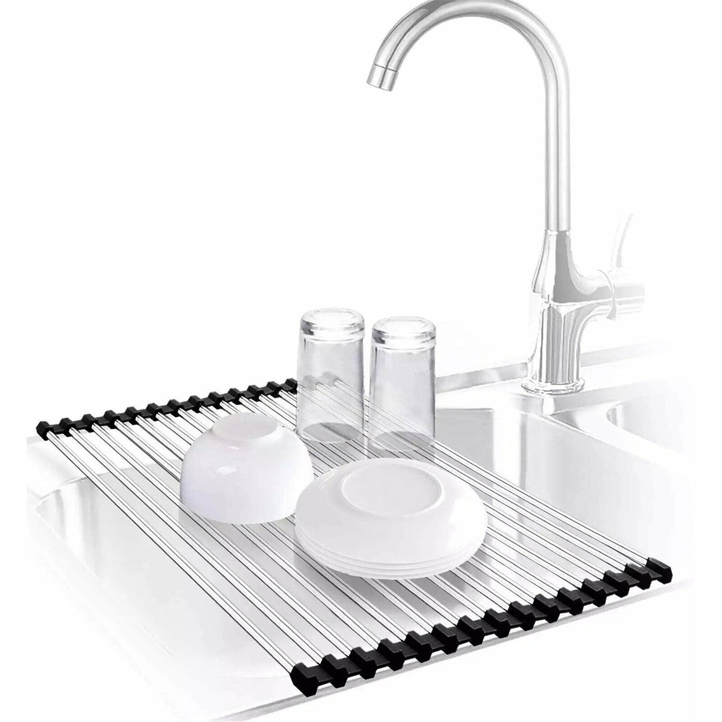 Over Sink Dish Drainer Stainless Steel Kitchen Rack Roll Up Drying