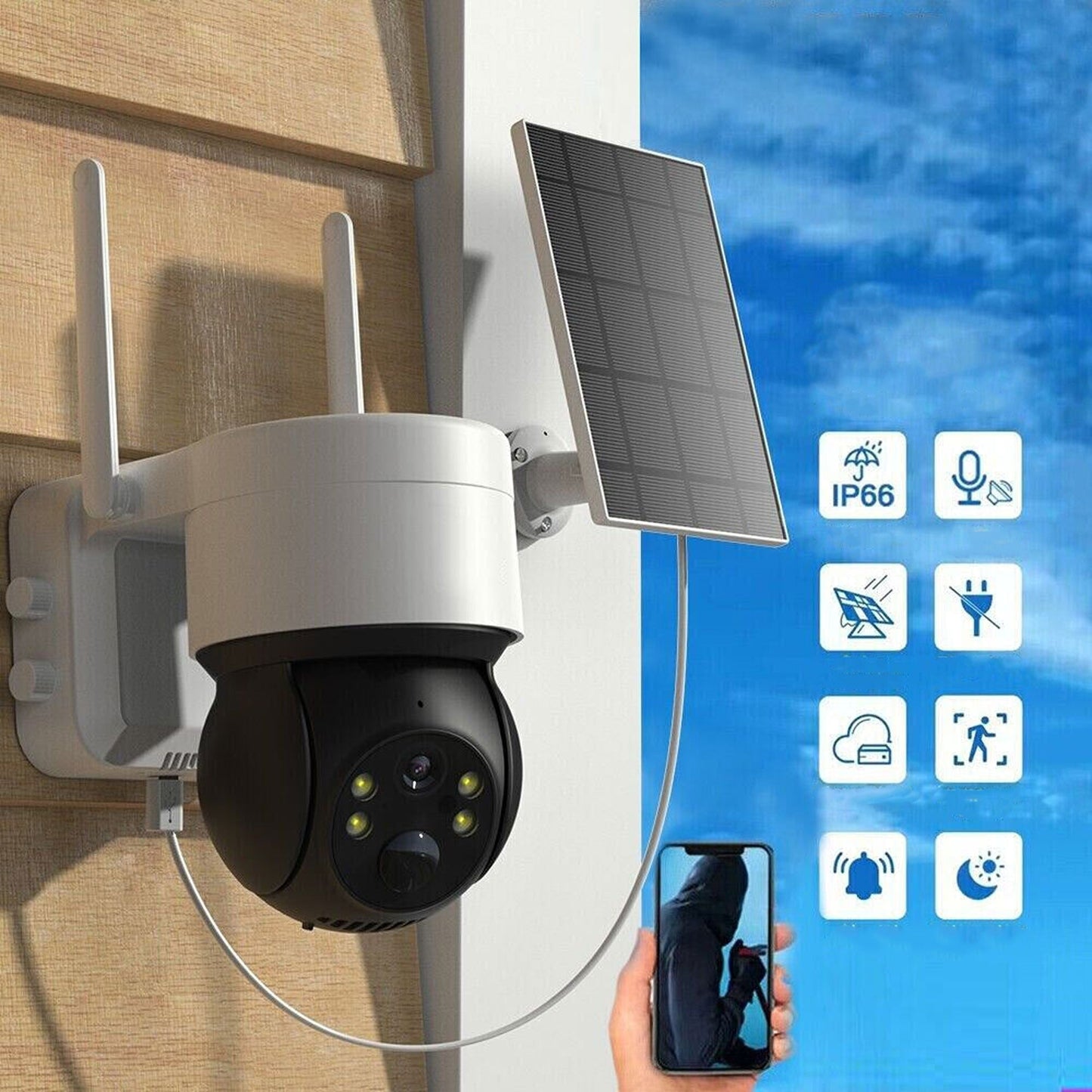 Wireless Outdoor WiFi PTZ Security Camera Solar Powered with IP CCTV