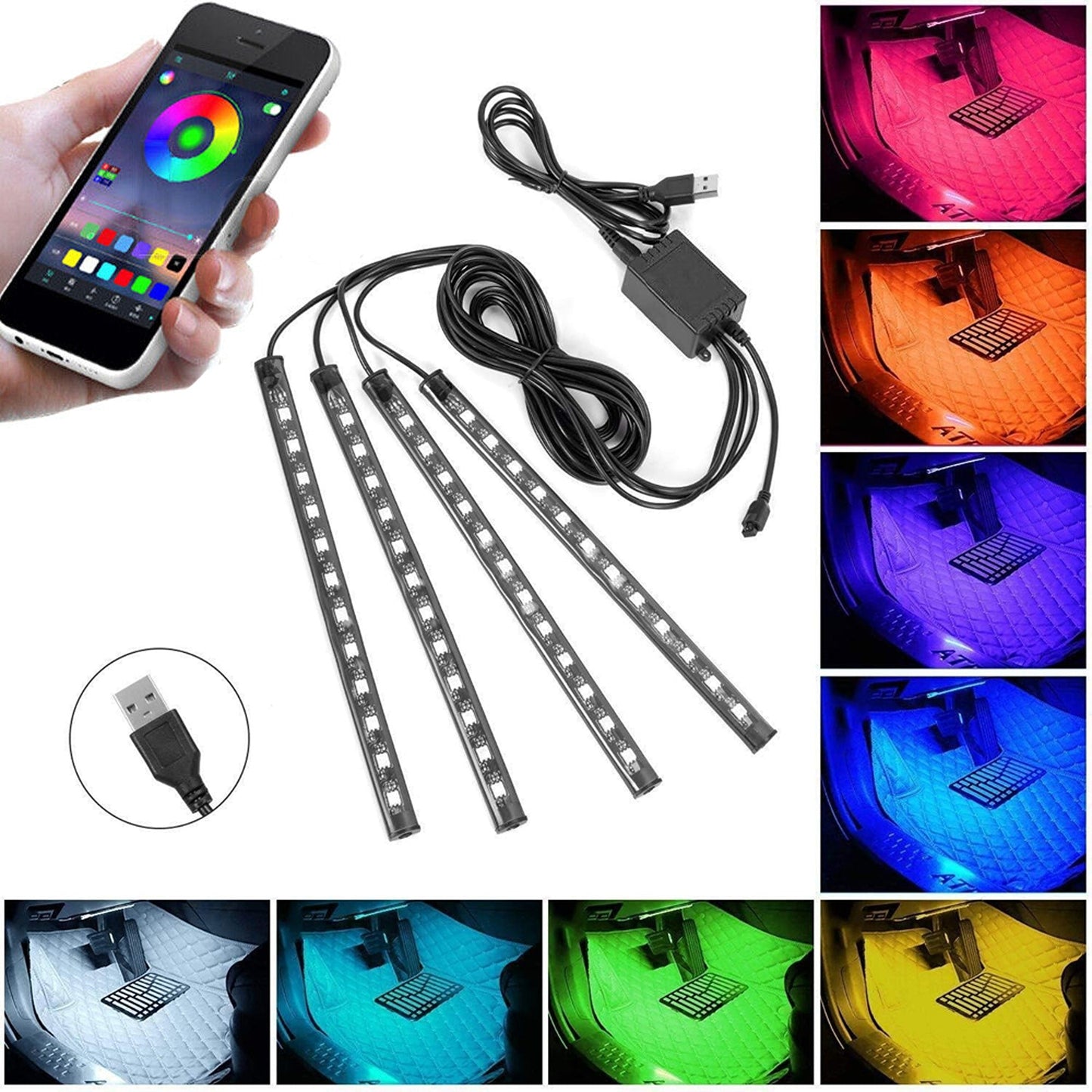 4pcs RGB Car Strip Lights LED Footwell Interior Remote USB Control
