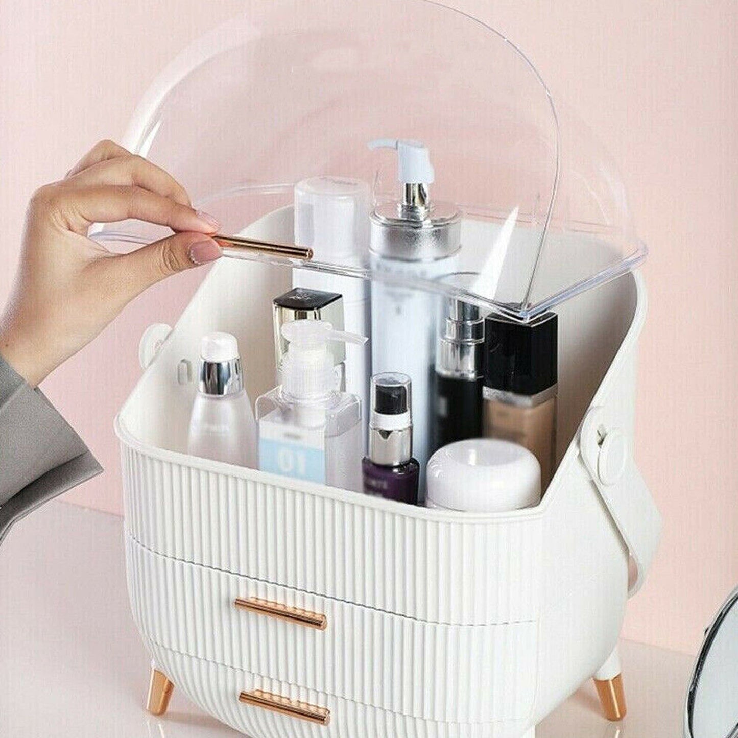 Portable Makeup Organizer Case with Cosmetic Storage and Jewelry Drawers