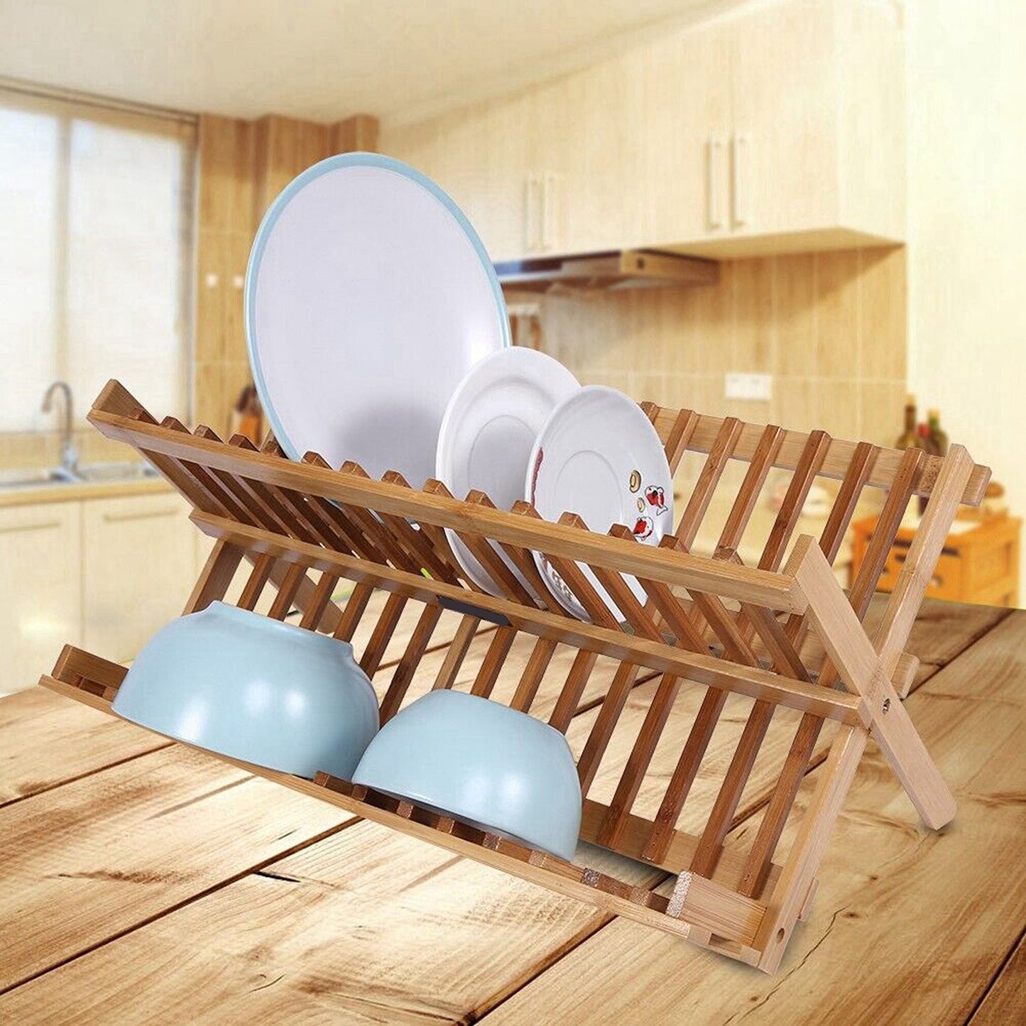 Bamboo Dish Rack with 2 Tiers and Cutlery Holder
