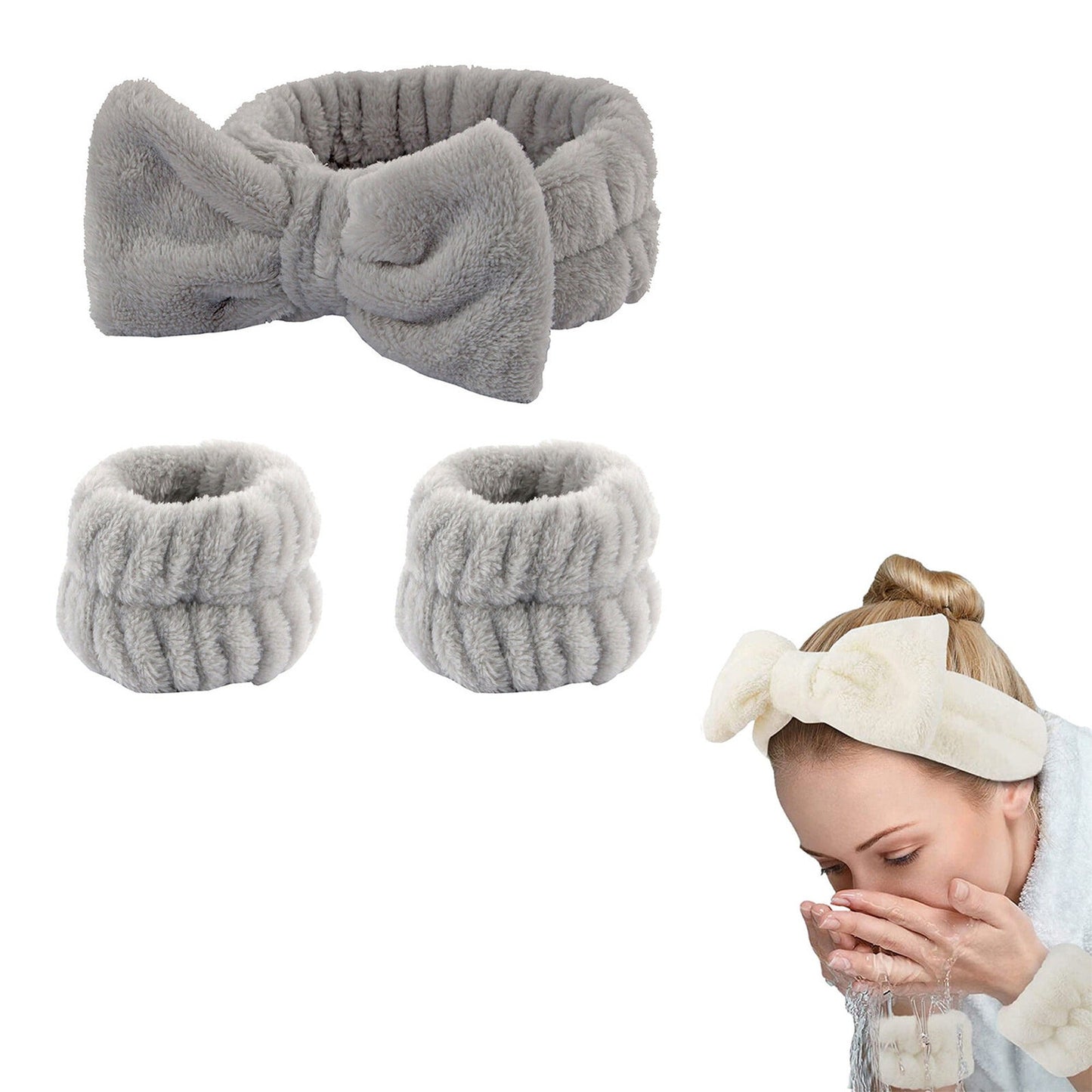 Absorbent Spa Wristbands and Headband Set for Face Washing