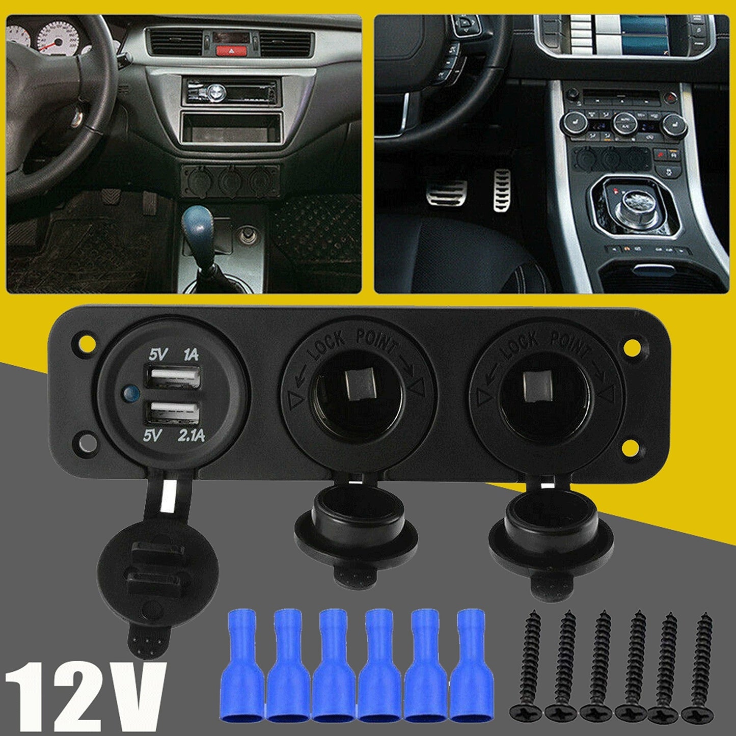 Dual USB Charger and Power Socket Panel for Car Boat with Voltmeter Outlet