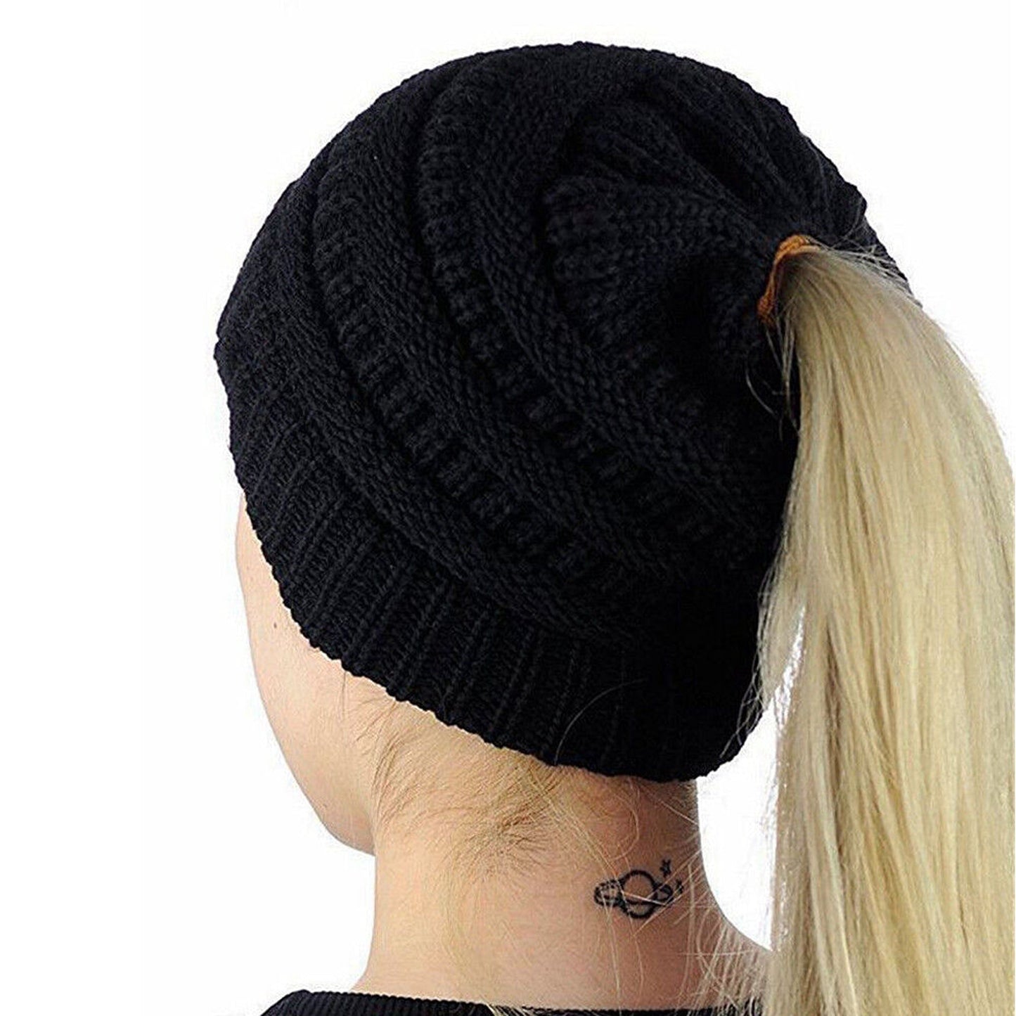 High Bun Ponytail Beanie for Women Soft Stretch Cable Knit Crochet Hat
