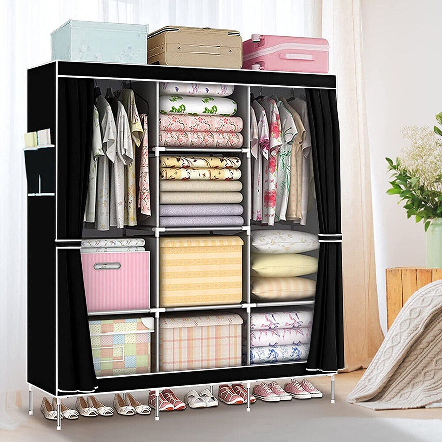 Large Portable Wardrobe with Shelves 66in Canvas Clothes Storage Organizer