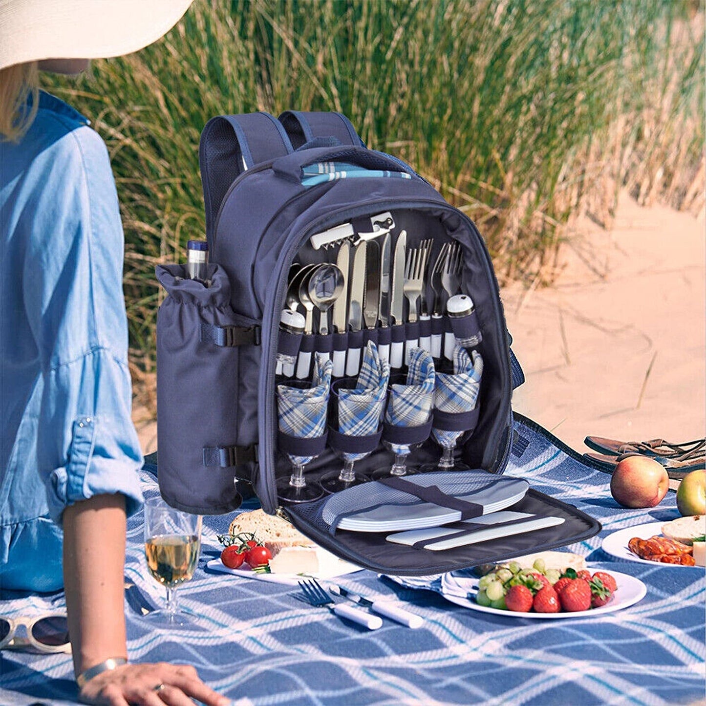 4 Person Picnic Backpack with Insulated Leakproof Cooler Bag
