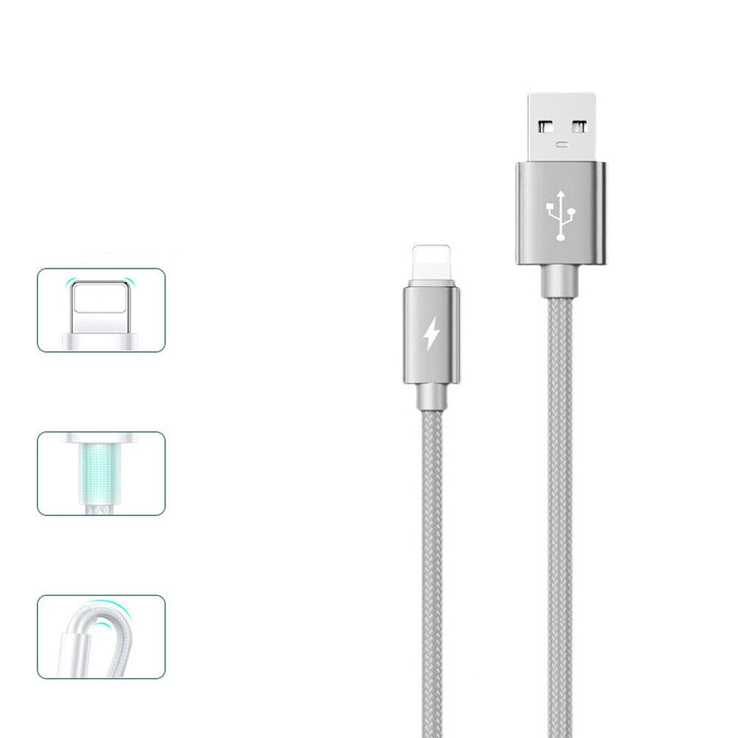 Silver Fast Charging Nylon Micro USB Cable for iOS iPhone