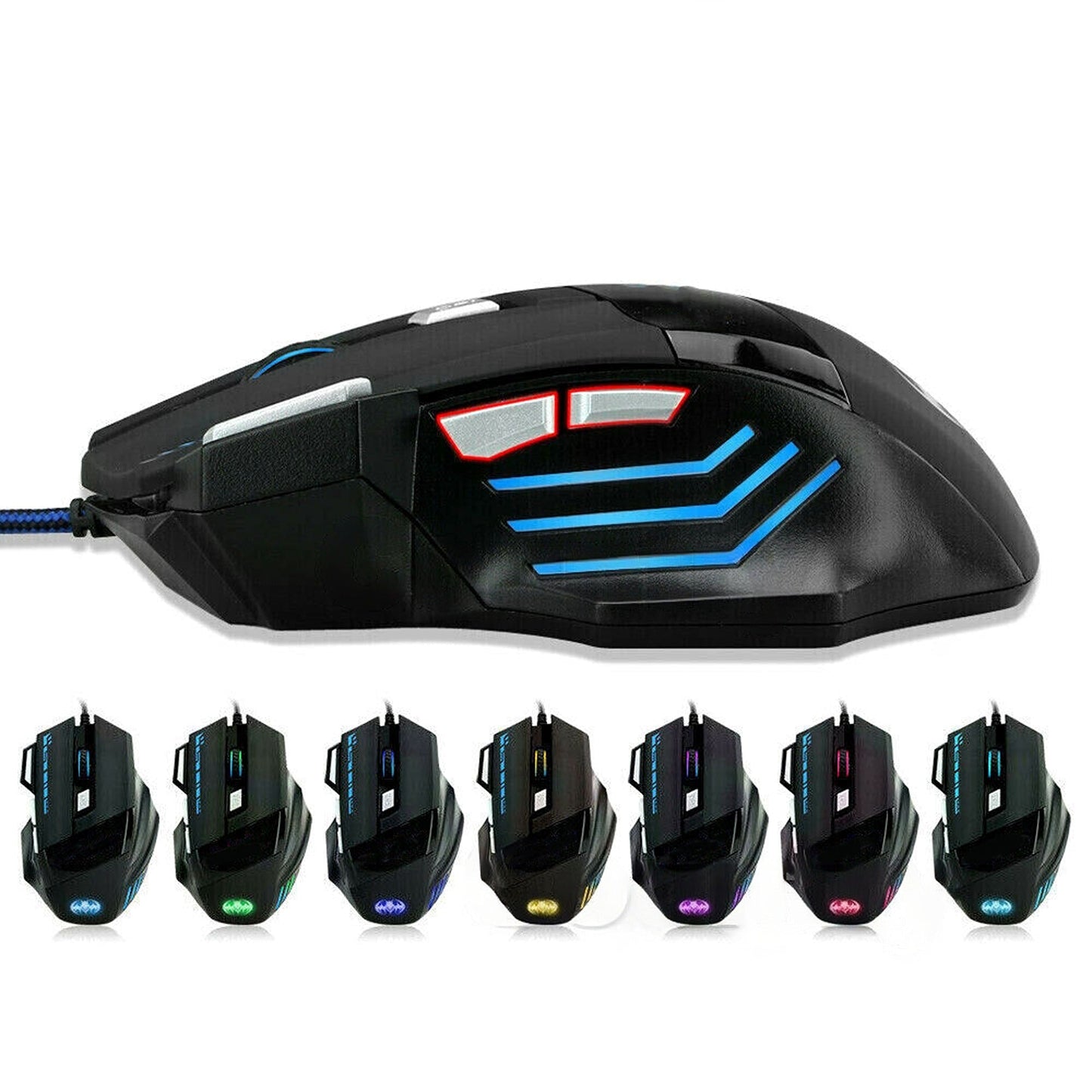 Ergonomic Wired USB Gaming Mouse 7200 DPI LED Optical for PC Mac 7 Button
