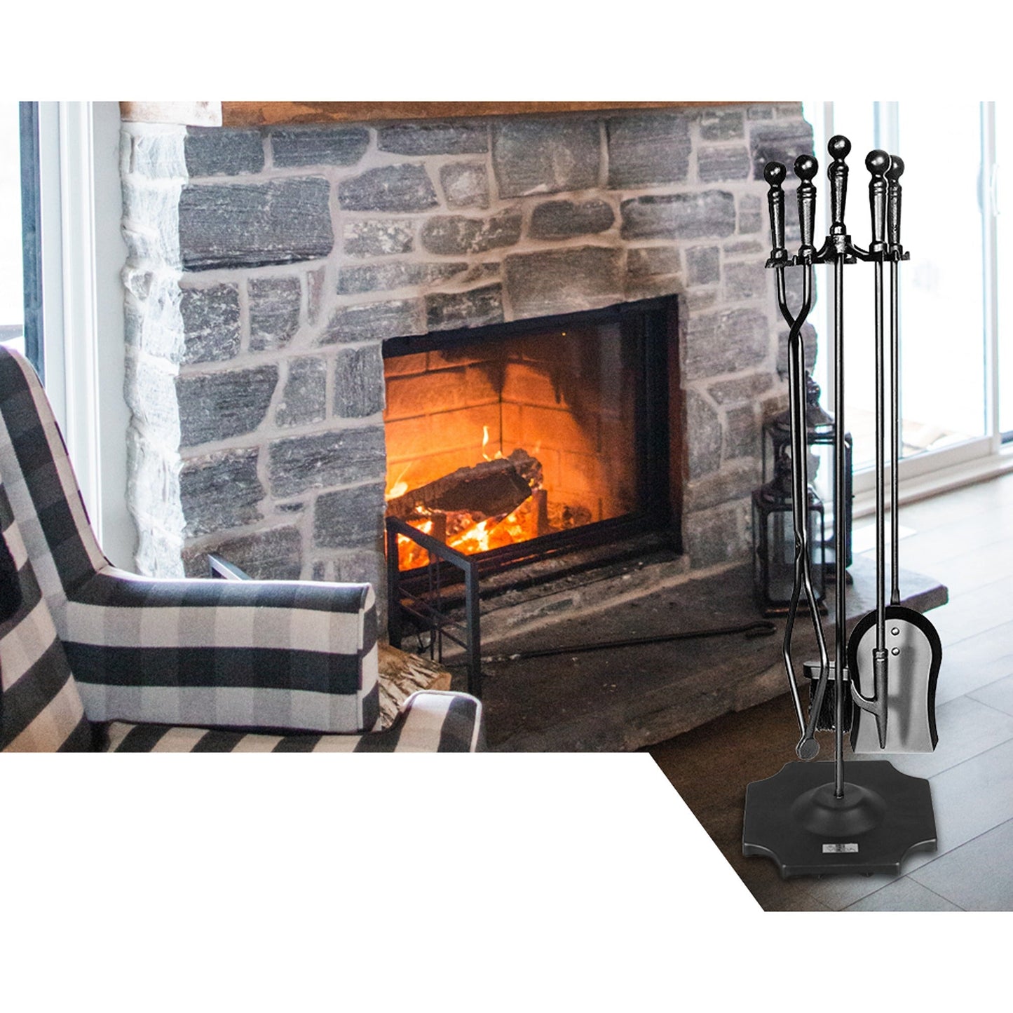 5 Pieces Fireplace Tools Set Includes Poker Brush Shovel Stand Tongs