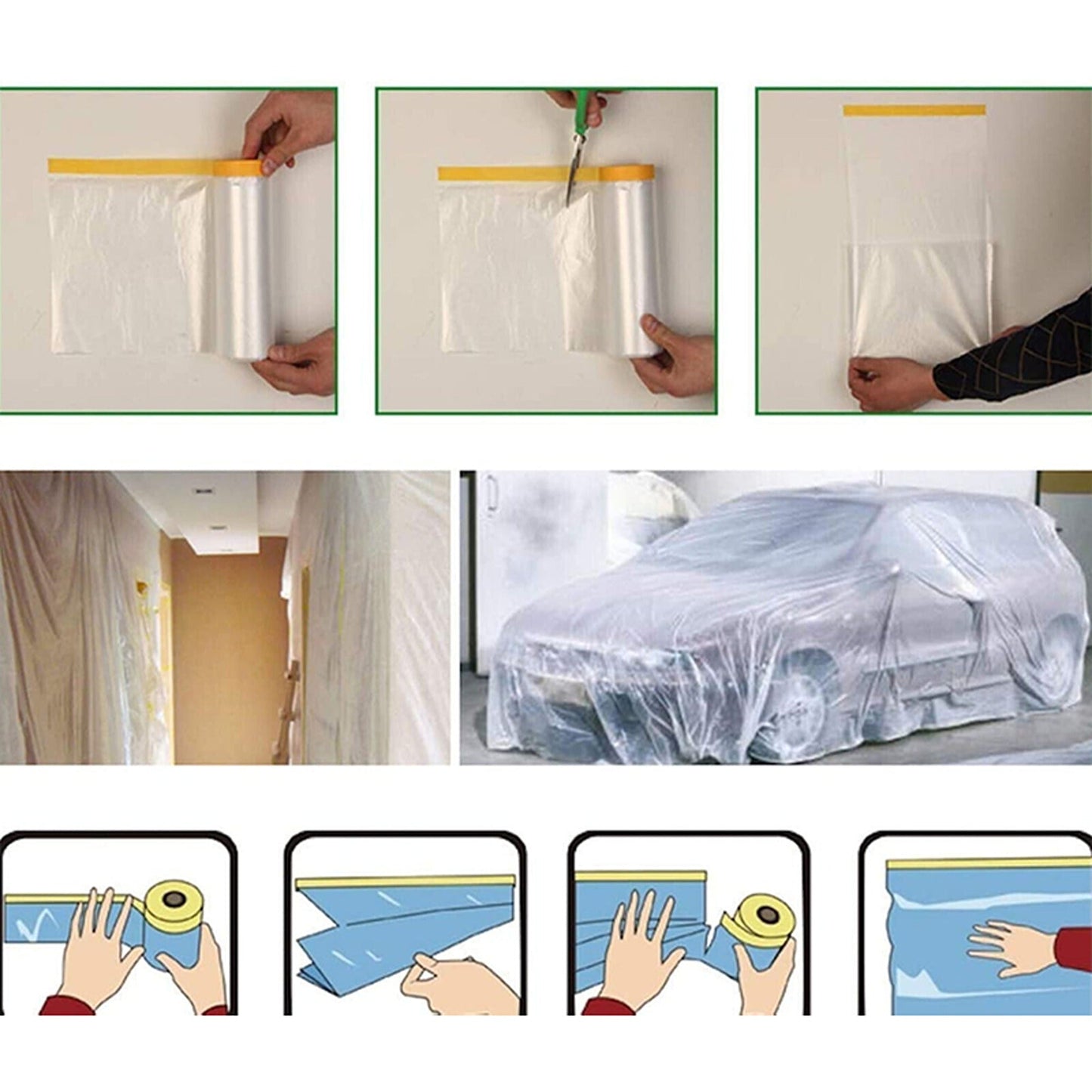 6 Rolls Pre-Taped Plastic Drop Cloth with Masking Film for Painting