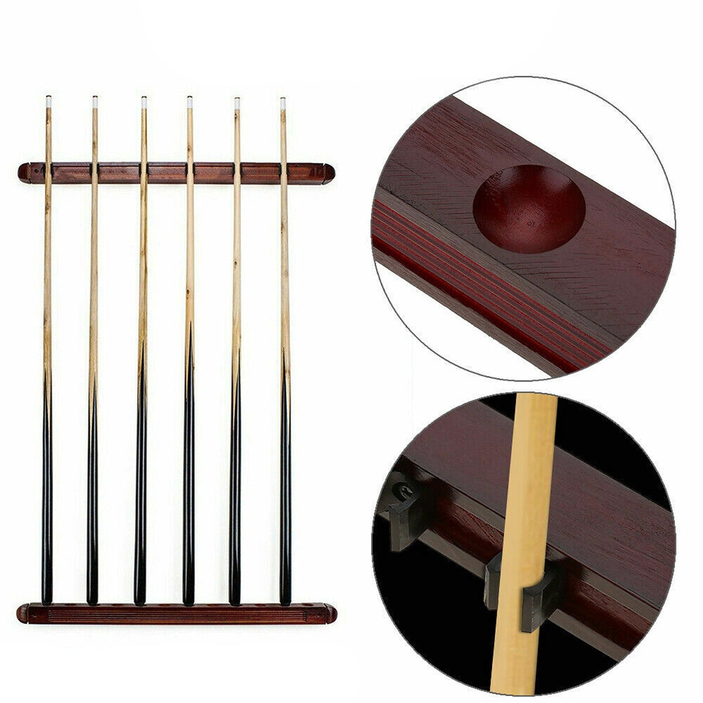 Wooden Billiard Cue Rack with 6-Clip Design
