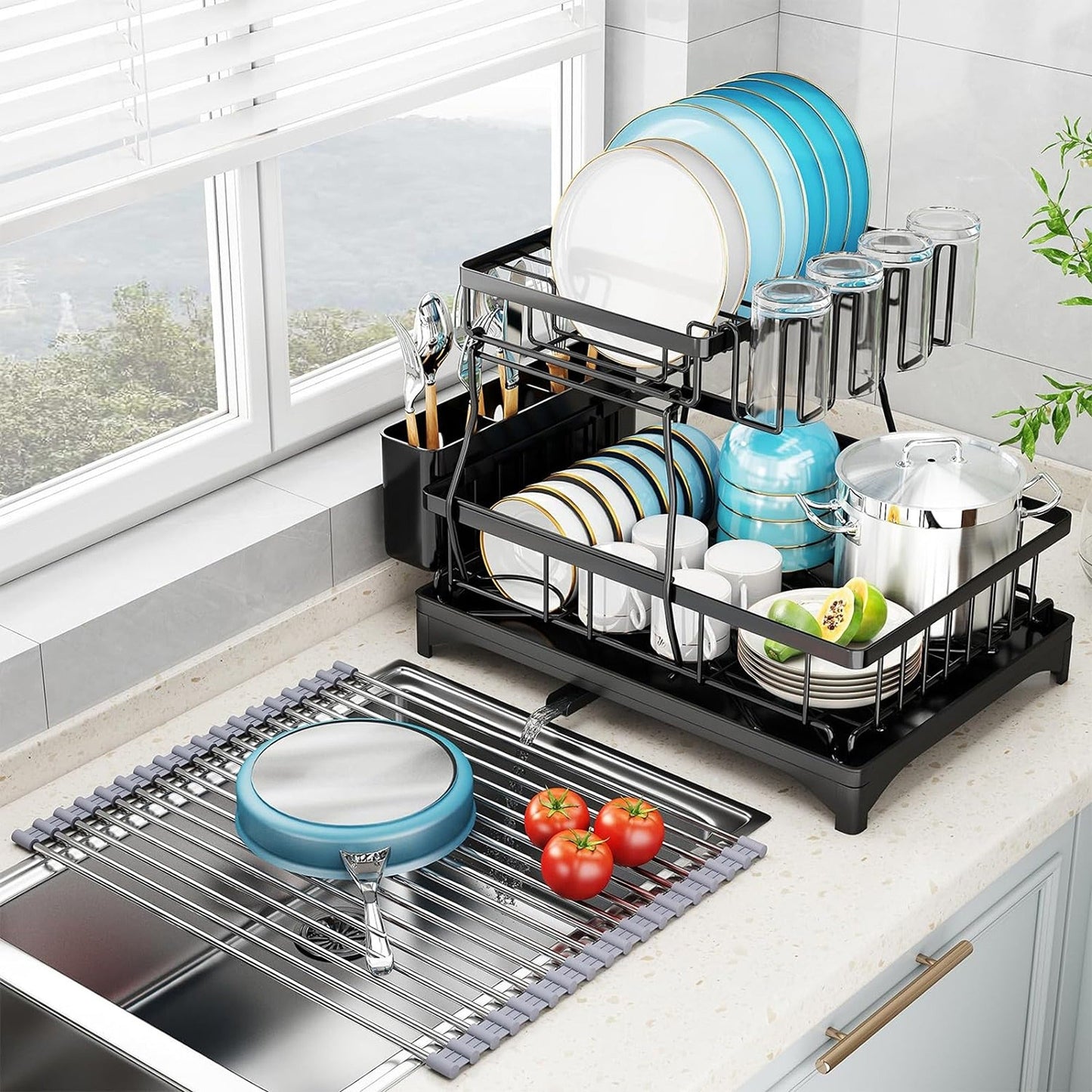 Over Sink Dish Drainer with Cup Holder Two-Tier Kitchen Rack