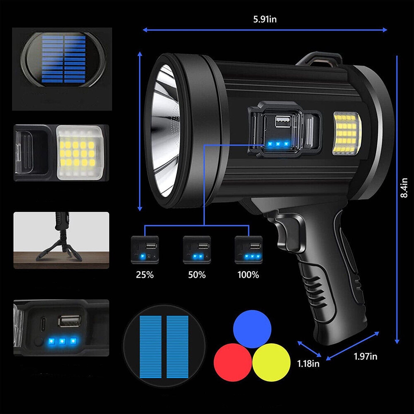 200000 Lumen Handheld Searchlight with Side LED