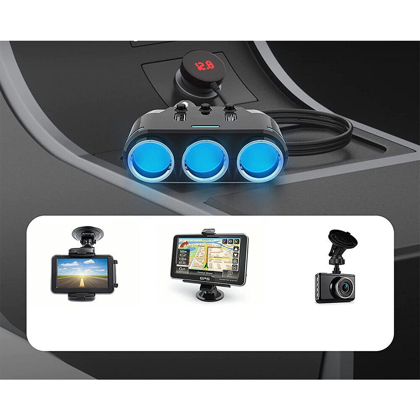 3-Way Multi Car Socket with Dual USB Power Adapter Splitter