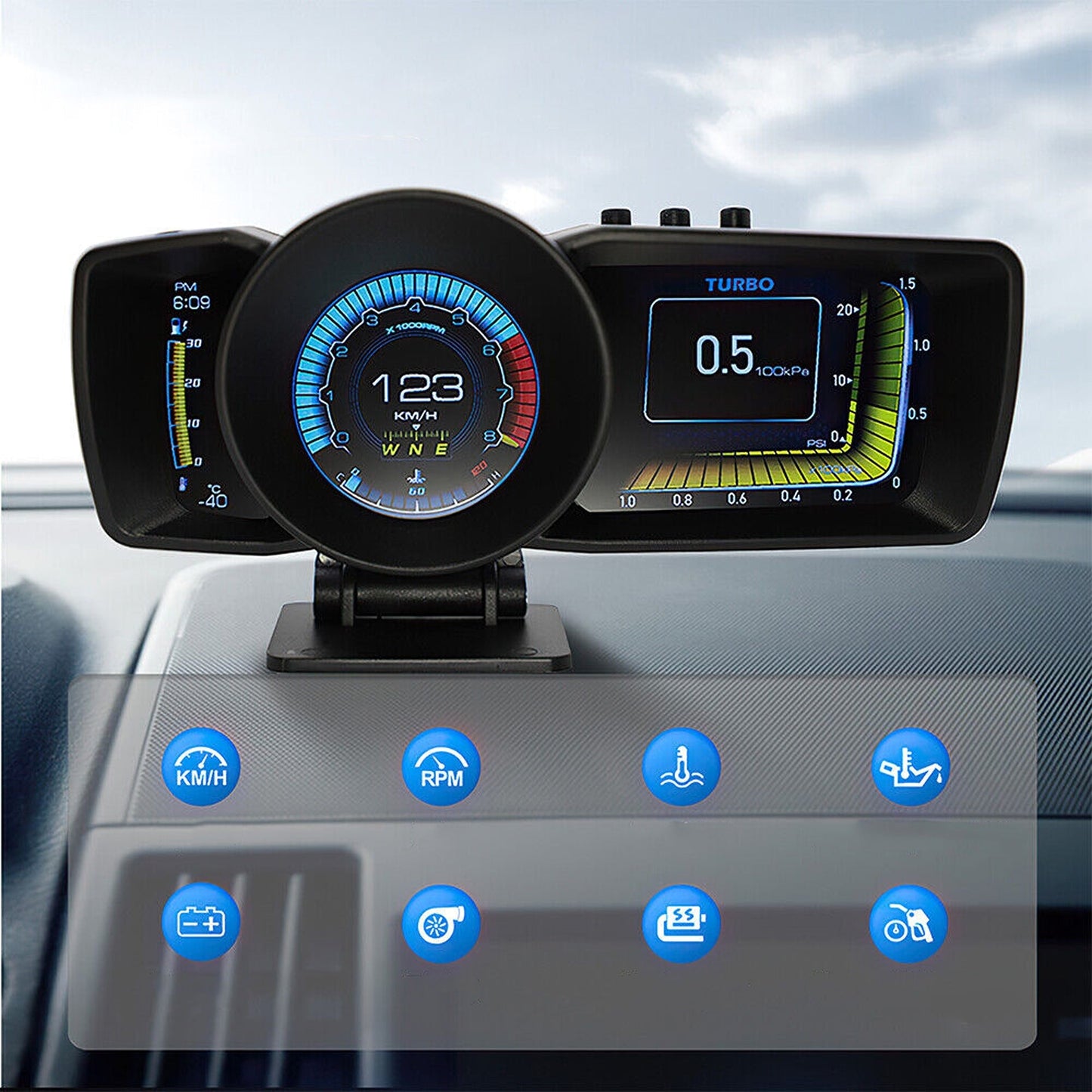Smart OBD2 and GPS Car Gauge Digital HUD Display with Speedometer and Turbo