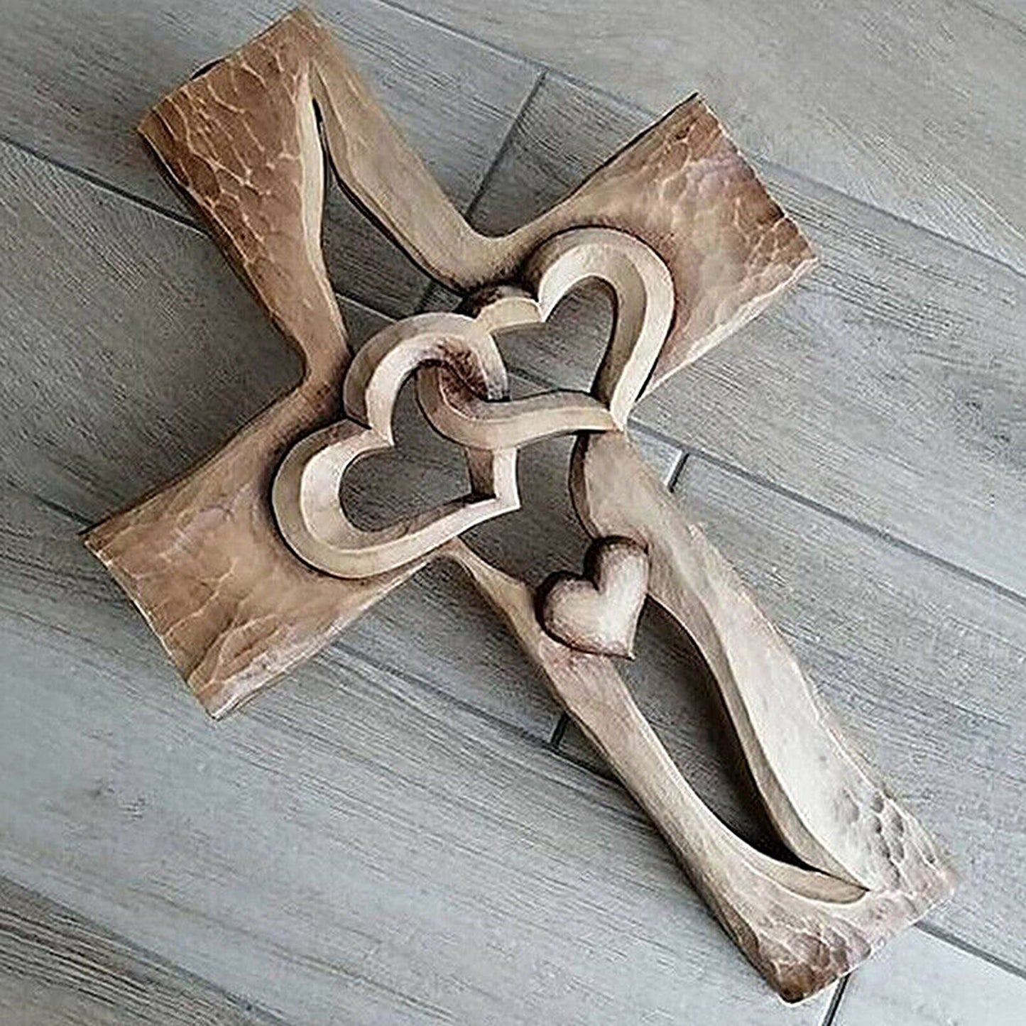 Wooden Cross with Intertwined Hearts Wall Hanging Love Decor