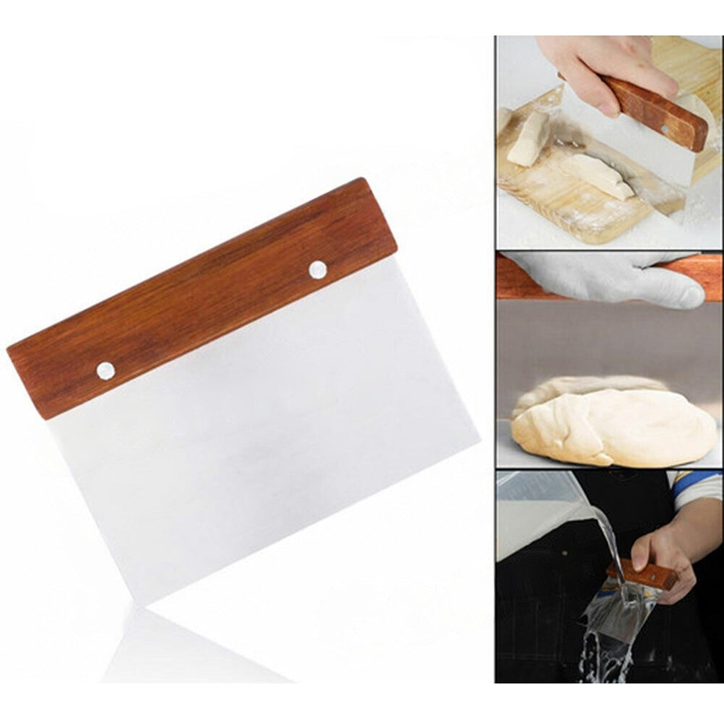 Wooden Handled Dough Cutter Stainless Steel Pastry Bench Scraper