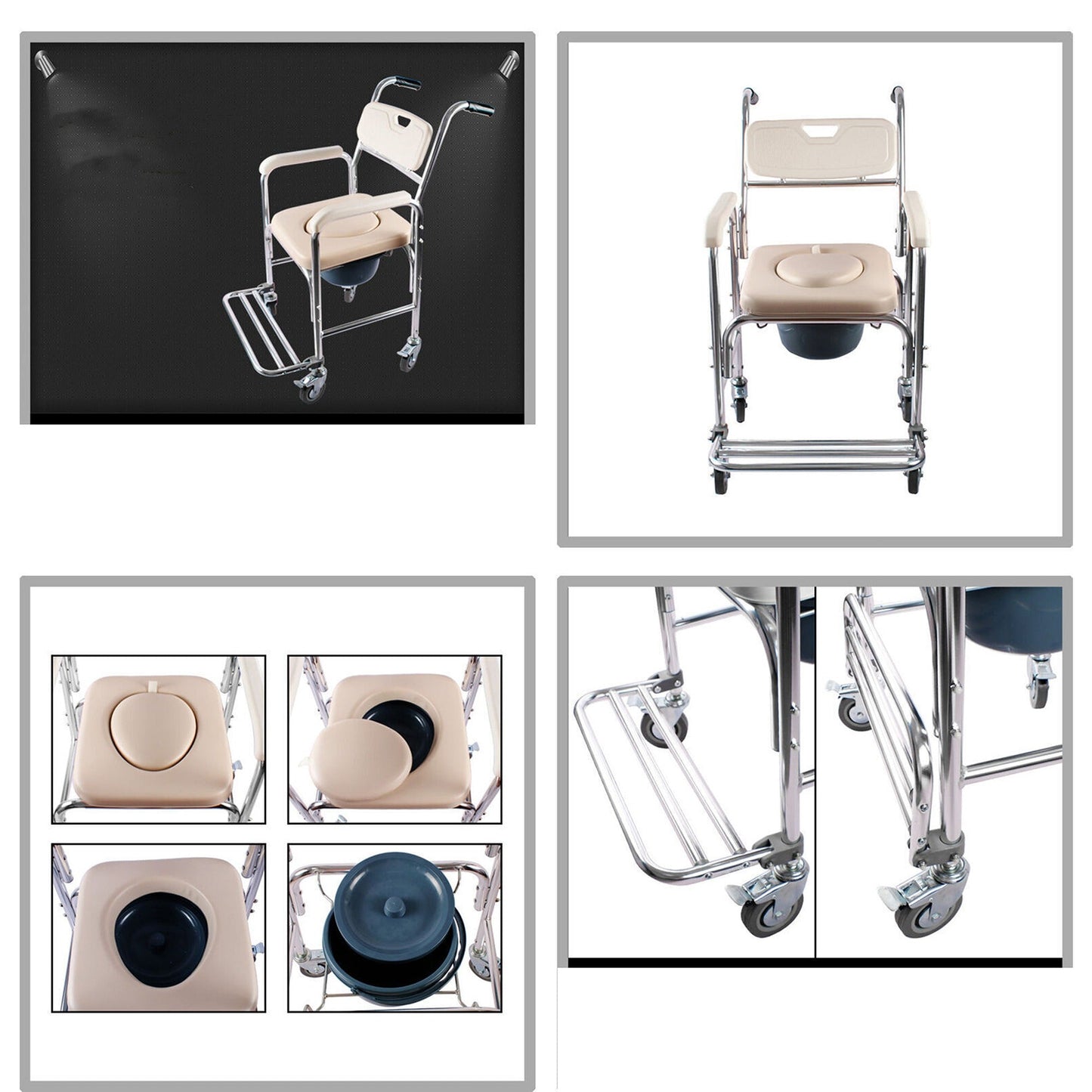 Bathroom Mobile Shower and Toilet Commode Chair with Footrest and Wheels