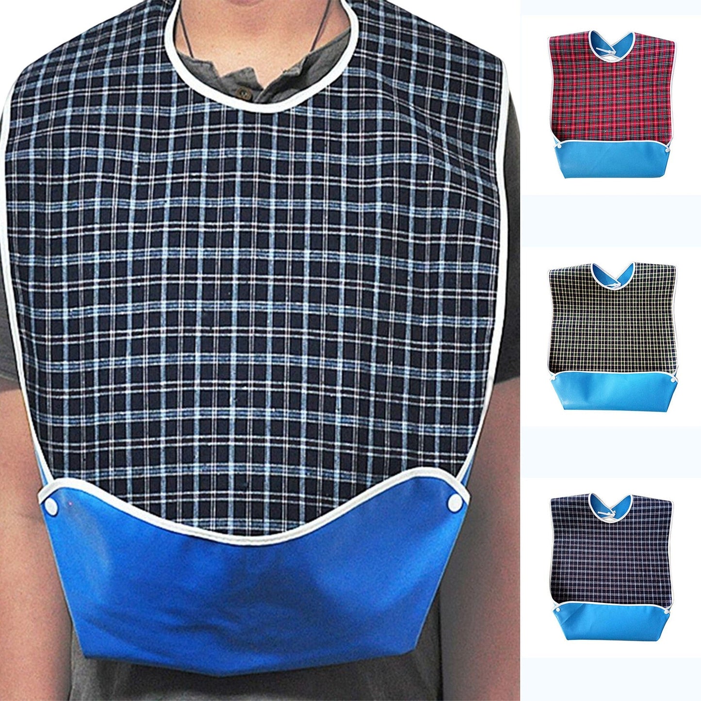 3pcs Large Washable Adult Bib Plaid Print for Elderly Senior Disabled