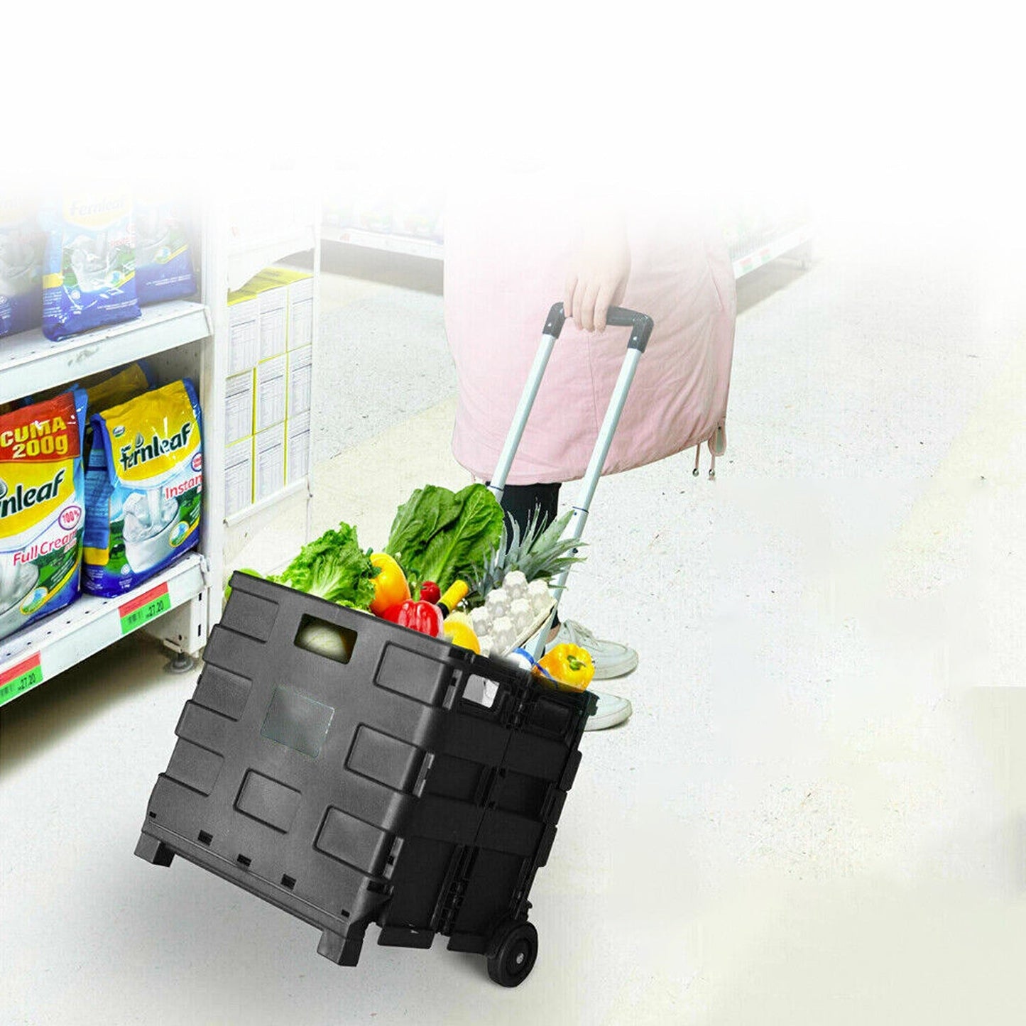 Portable Folding Shopping Basket with Wheels Foldable Grocery Cart Trolley Crate