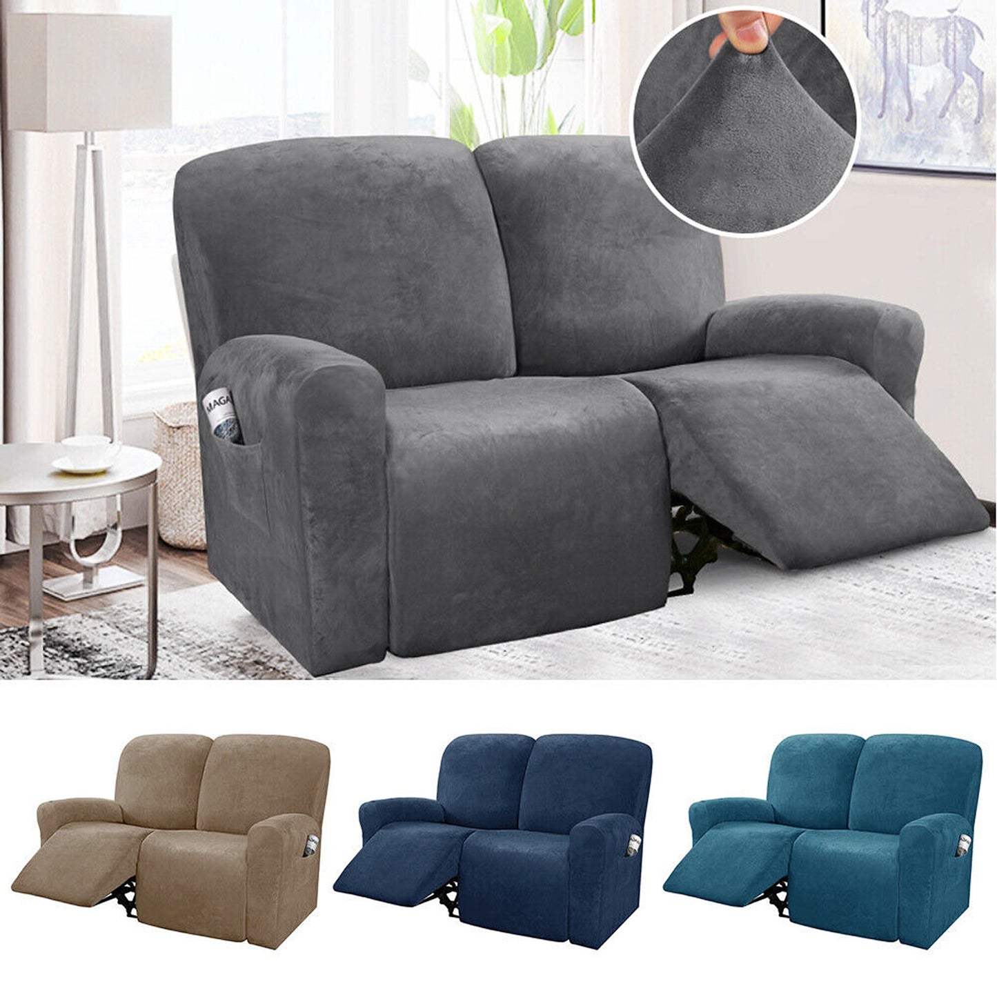 2 Seater Stretch Recliner Sofa Cover Velvet Reclining Couch Slipcovers